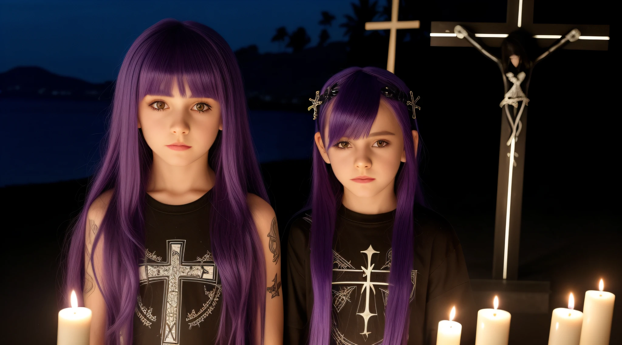 PURPLE HAIR KIDS CABELO LONGO, Gothic cross, cruz, CROSSES WITH LIT CANDLES in hand.