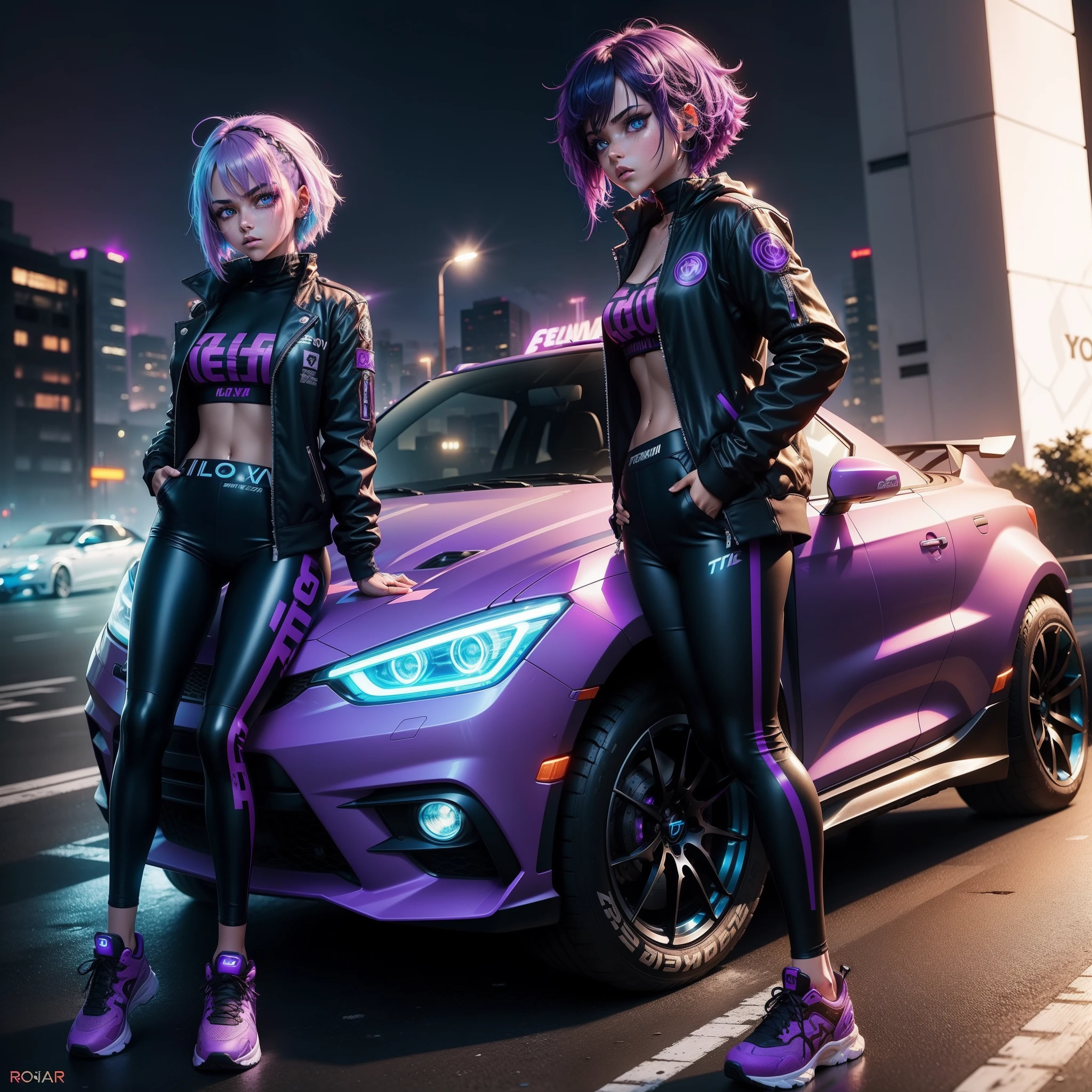 ((tema cyberpunk)), breathtaking), top trending em Pixiv, (epics), que conserta o carro na estrada, cute angry expression, (Cabelo azul escuro), suit jacket, Leggings, SHOES, (olhos brilhantes), ((Refletor de piso)), ao ar livre, ((glowing neon lights)), (epic dusk), carro de corrida personalizado roxo, corar, (colorido), profundidade de campo,