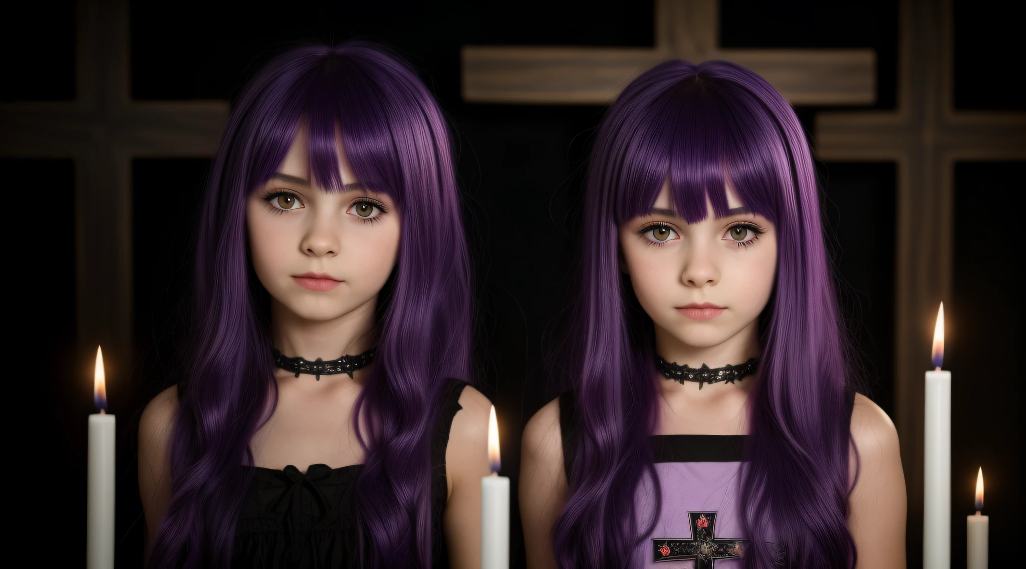 GIRLS CHILDREN, BLONDES WITH VERY LONG STRAIGHT GOTHIC HAIR, PURPLE BACKGROUND., BACKGROUND OF CROSSES. PRAYING.