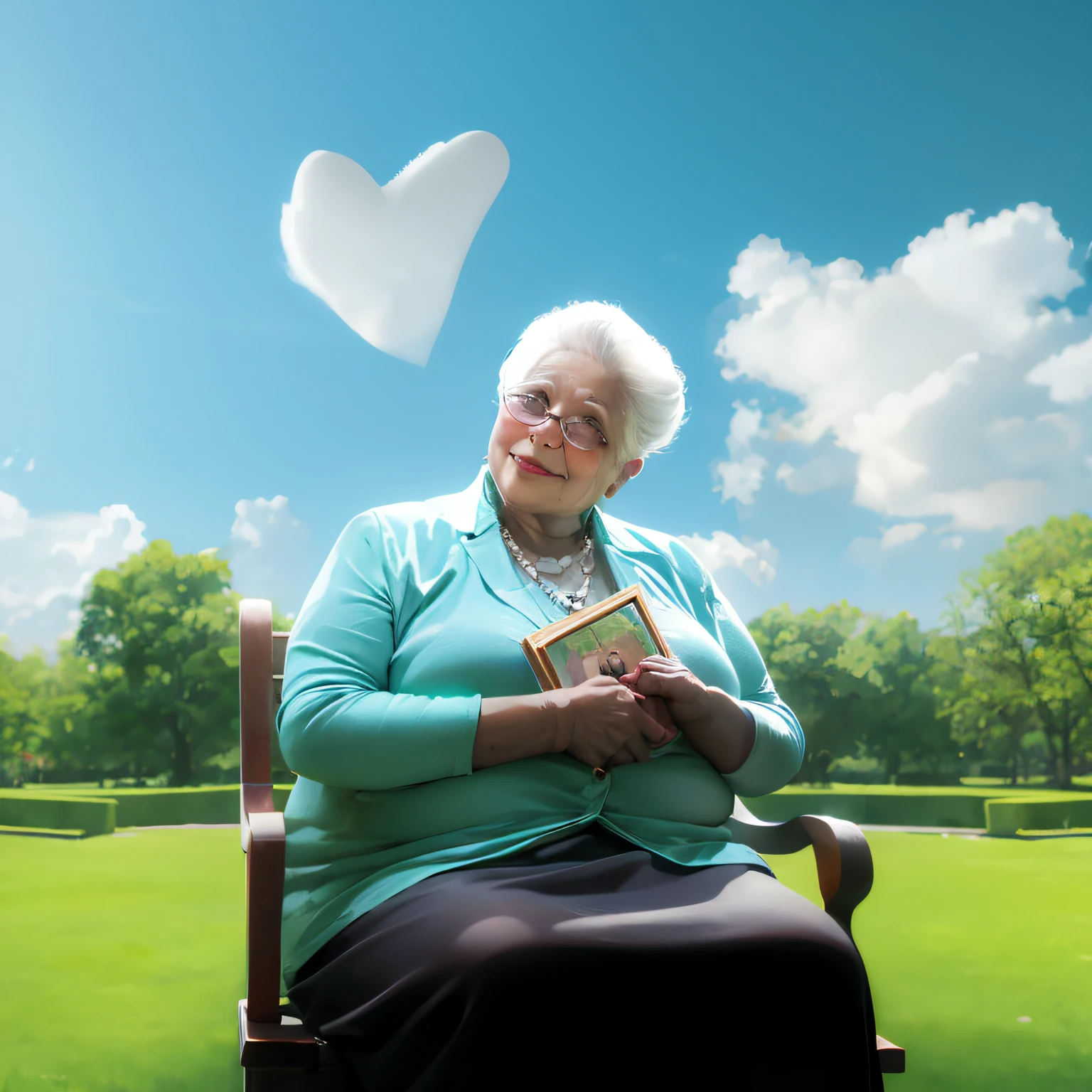 There is a woman sitting on a bench holding a picture frame over her chest with love, background is celestial, she is in pure bliss, grandma, Smiling in the sky, foto tirada, dia ensolarado brilhante, sentado em uma nuvem fofa, Directed by: Joze Ciuha, foto de uma bela, lindo dia ensolarado, heaven, love of wisdom, cabelos brancos flutuando no ar