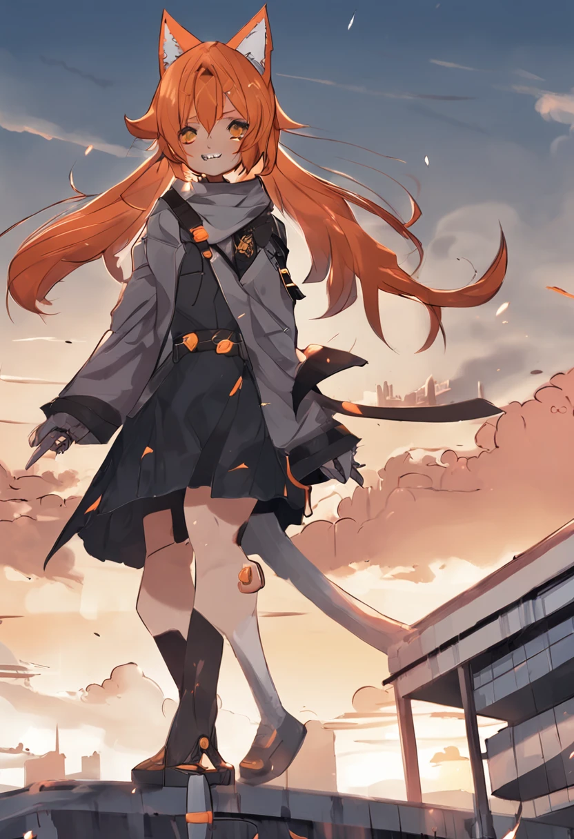 (masterpiece, best quality), 1girl, solo, full body, yellow eyes, orange hair, short hair, fox ears, kitsune, building, city, cloudy sky, Seifuku, boots, katana, squat down, spread legs, evil smile, evil eyes, looking at viewer, outdoors, rooftop, sky, skyscraper