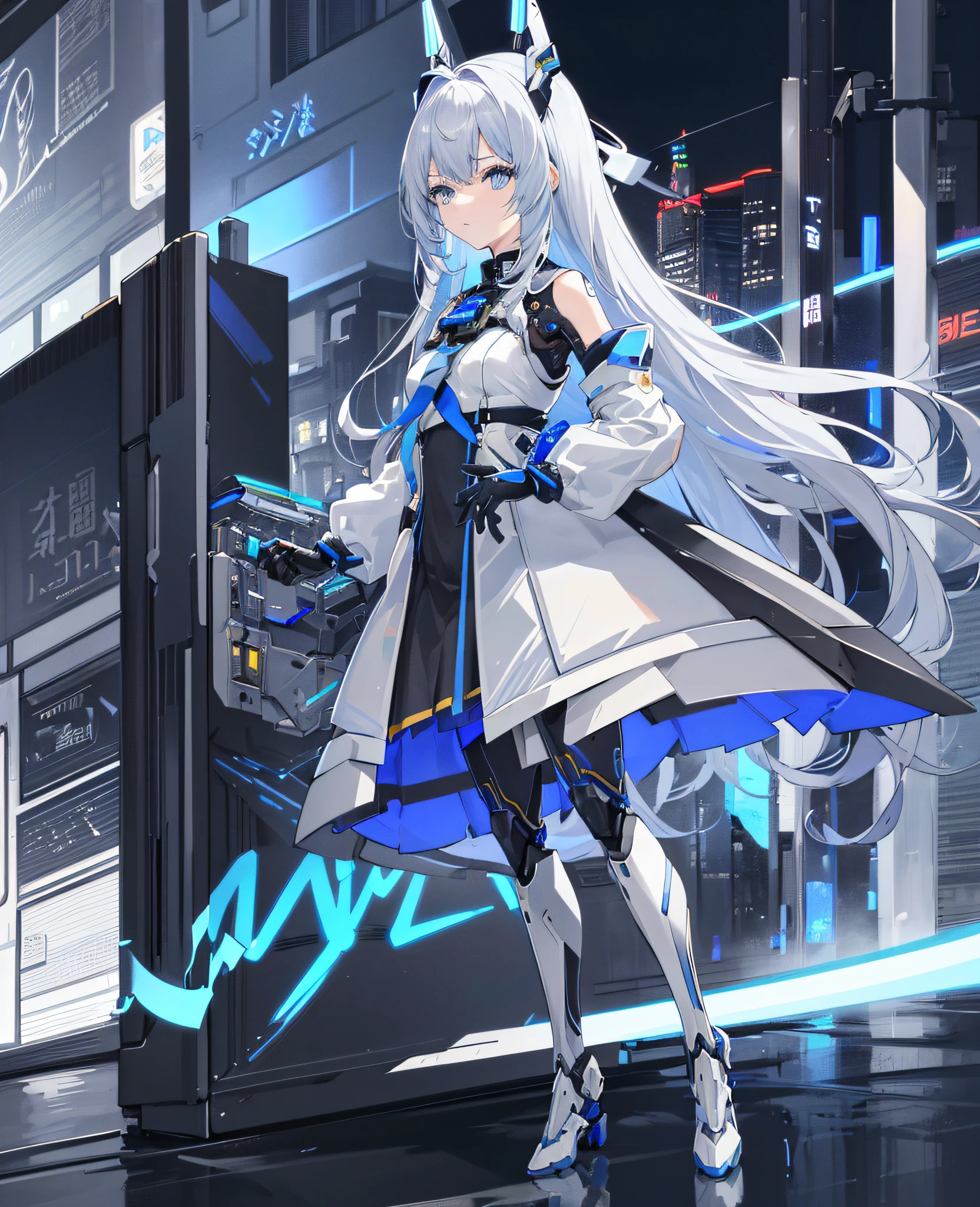 masterpiece、Near future、super elaborate、top-quality、ultra-detailliert、very detailed illustration、ighly detailed、intricate-detail、hight resolution、super complex details、Highly detailed 8k CG wallpapers、Caustics、Reflectors、Ray traching、1girl in:1.4)、独奏、Alone、(Blue_theme:1.3)、(greys_theme:1.3)、(mecha musume(Blue_theme:1.6)、mecha musume(blanche_theme:1.1)、mecha musume、machine components、Robot Joint、echanical arms、mechanical legs、head gear、Complex mechanical bodysuit、Mechanical Energy Wing、Electromechanical parts、Cyber Parts、robotics、Energy Rifle(Mechanical sniper rifle)、)、Very long hair、Black and blue hair(Black and blue long)、 The eye((blue eyess、Yellow eyes、)(radiant eyes、)(Eye trajectory、))random facial expression、TOKYOcty(Shibuya)、城市、Night time、((Neon light、Blue Neon Light))、(细致背景、(Blue_theme:1.3)、(greys_theme:1.3)、城市)、((masterpiece))、absurderes、nffsw、(Classic Headshot Pose)、cyberpunkcity、masterpiece、hight resolution、