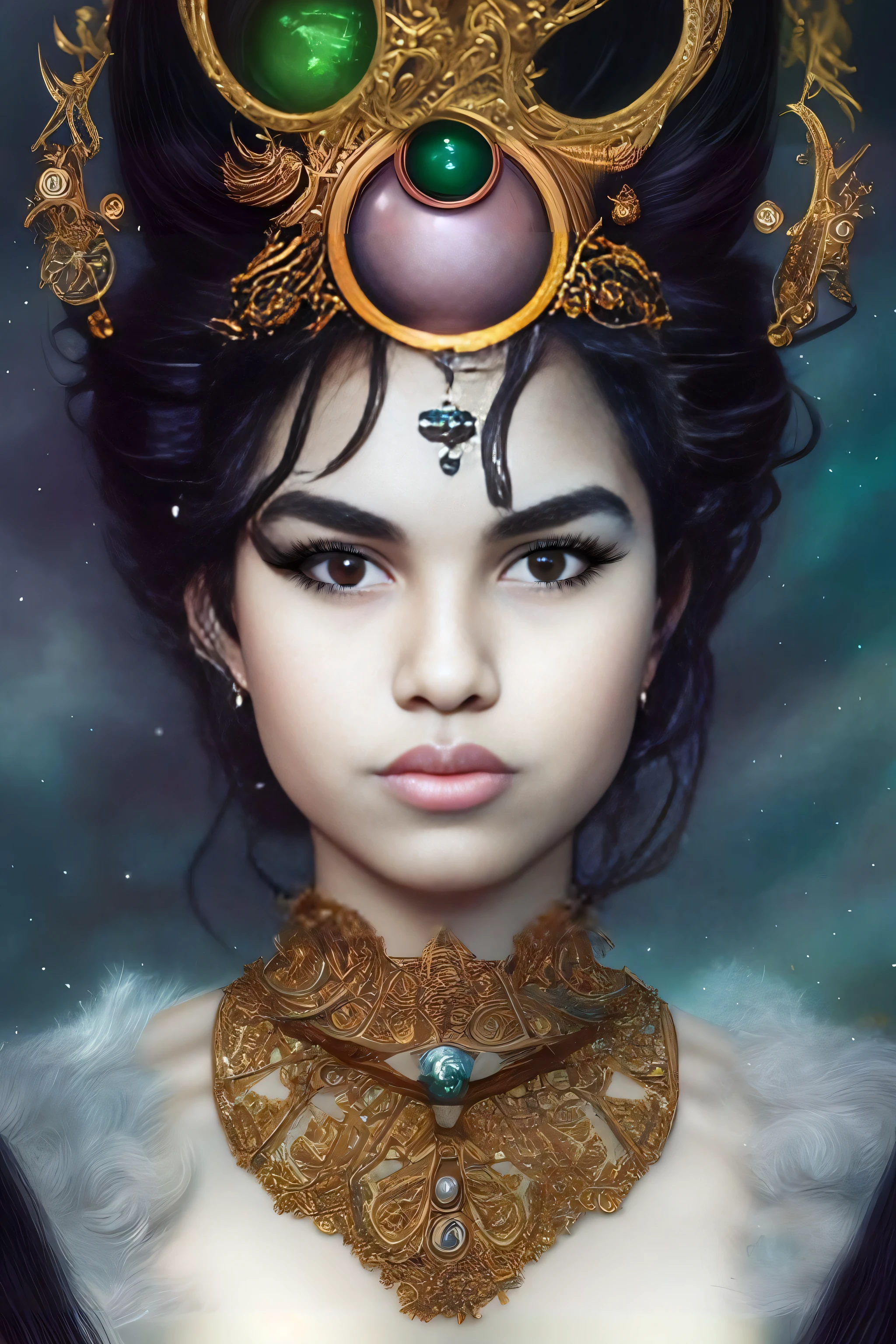 um close up de uma mulher com um colar e um colar com uma pedra verde, Tom Bagshaw Estilo de Arte, retrato bonito da arte da fantasia, Artgerm Julie Bell Beeple, Tom Bagshaw Estilo, retrato da fantasia, retrato da arte da fantasia, Um retrato impressionante de uma deusa, retrato bonito da fantasia, Artgerm e Tom Bagshaw, Retrato de uma bela deusa