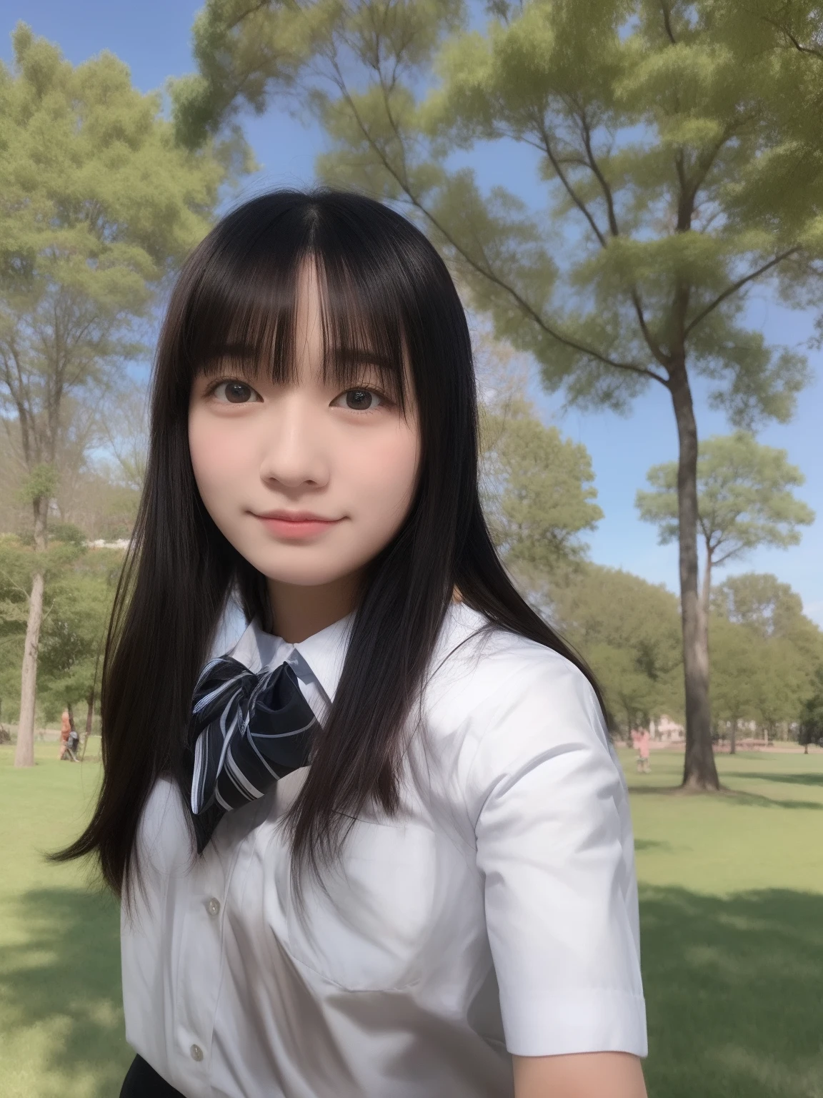 High school girl standing in park under beautiful blue sky、、18year old