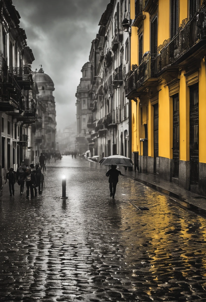 Side view of a shadowy black and white view of a bustling square, iluminada pela suave luz amarela dos candeeiros de rua, as raindrops flicker in the air and hit the umbrellas and raincoats of the many people running down the cobblestone pavement.