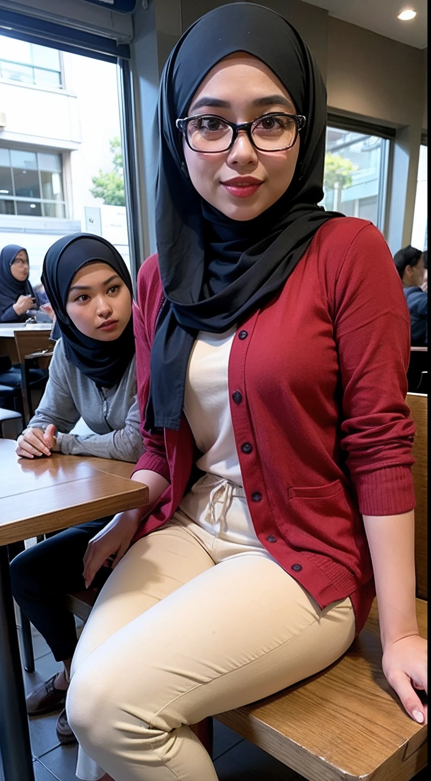 A photo of a young, nerdy malay woman in hijab sitting in a cafe with 1 malay men standing behind, wearing a pastel yellow tank top and shorts, open leg, spread leg, surrounded by a cozy atmosphere, looking at the viewer.
Hijab, slender, red lips, transparent fabric, flirting with the camera