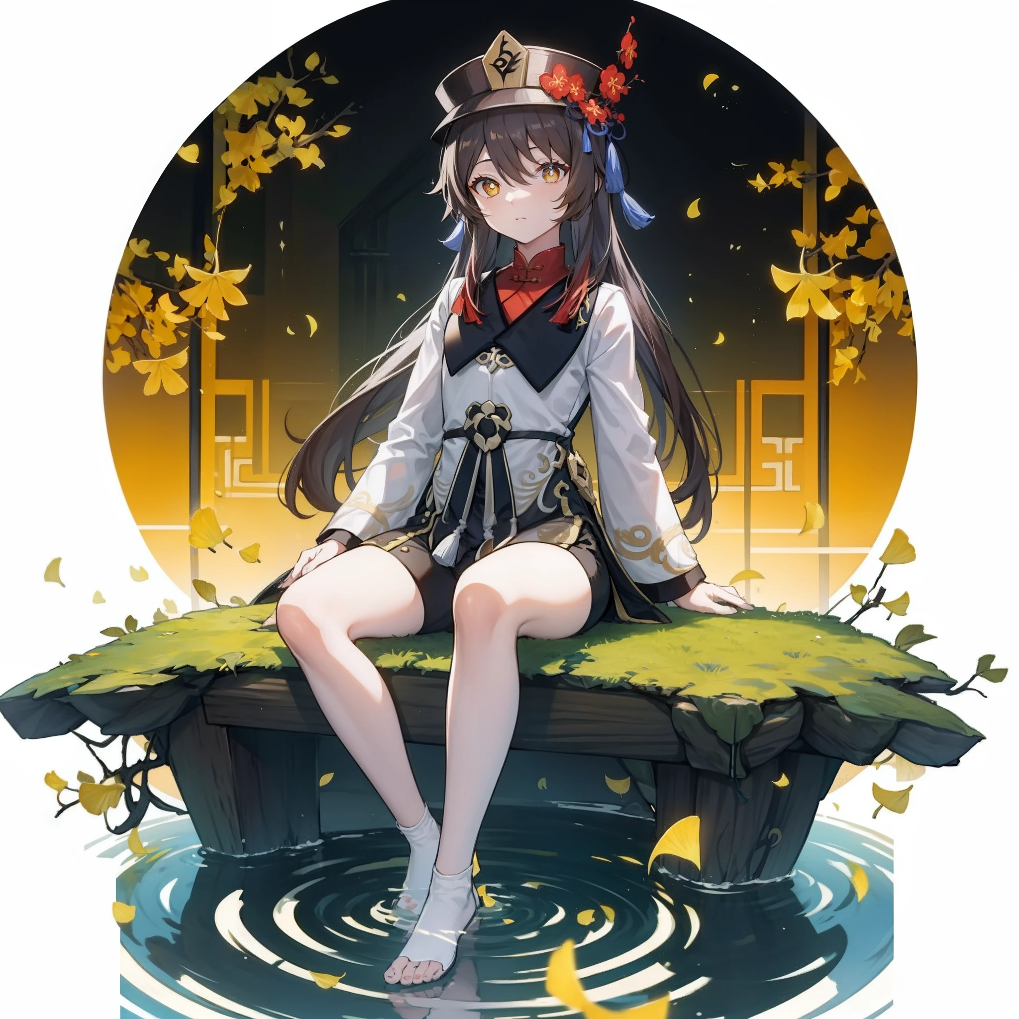 yellow Chinese ginkgo biloba leaves pattern white background, Hu tao from genshin impact, casual outfit, facing sideway, sitting, circle in the middle, long hair, water reflection,