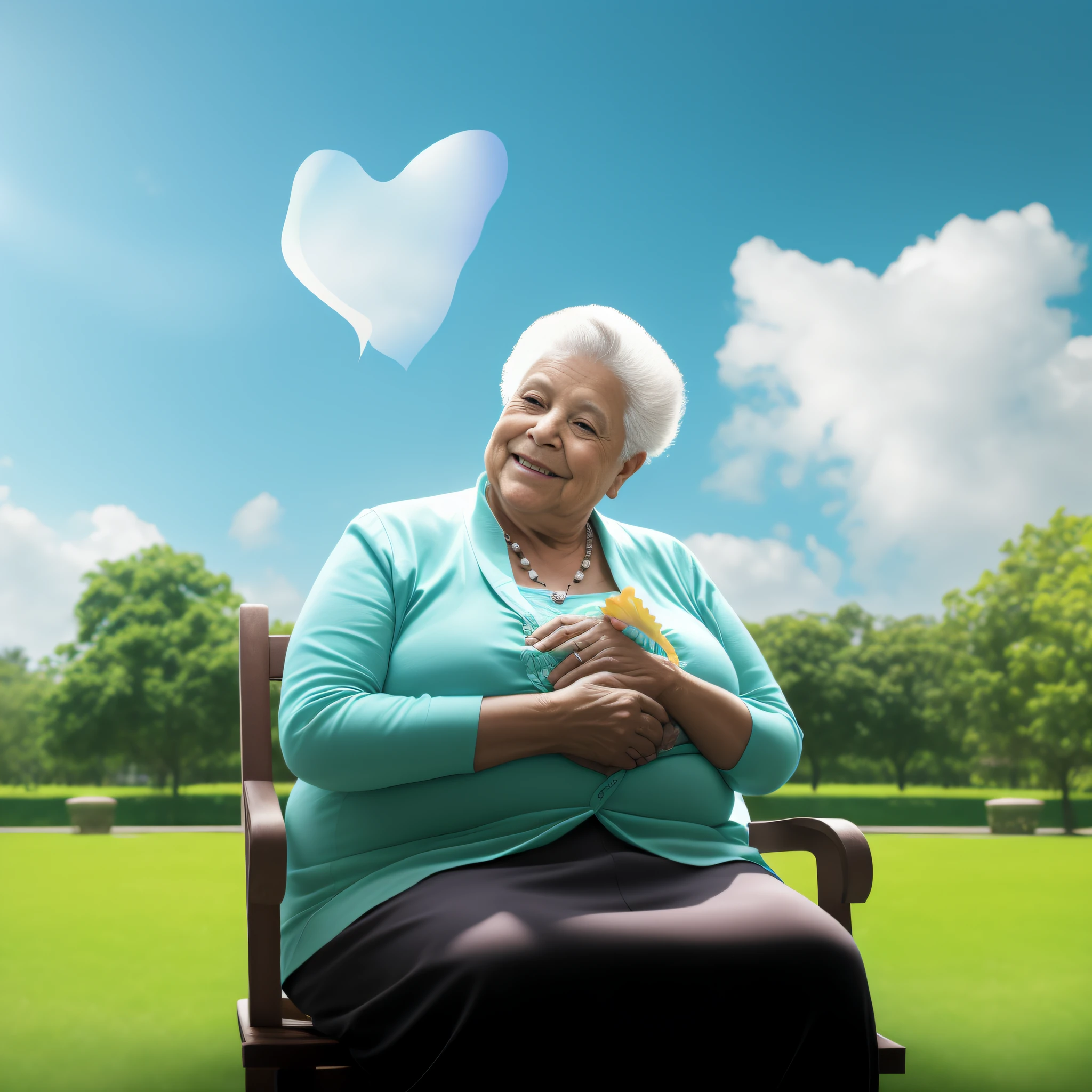 There is a woman sitting on a bench holding a picture frame over her chest with love, background is celestial, she is in pure bliss, grandma, Smiling in the sky, dia ensolarado brilhante, foto tirada, sentado em uma nuvem fofa, foto de uma bela, Directed by: Joze Ciuha, lindo dia ensolarado, heaven, love of wisdom, cabelos brancos flutuando no ar