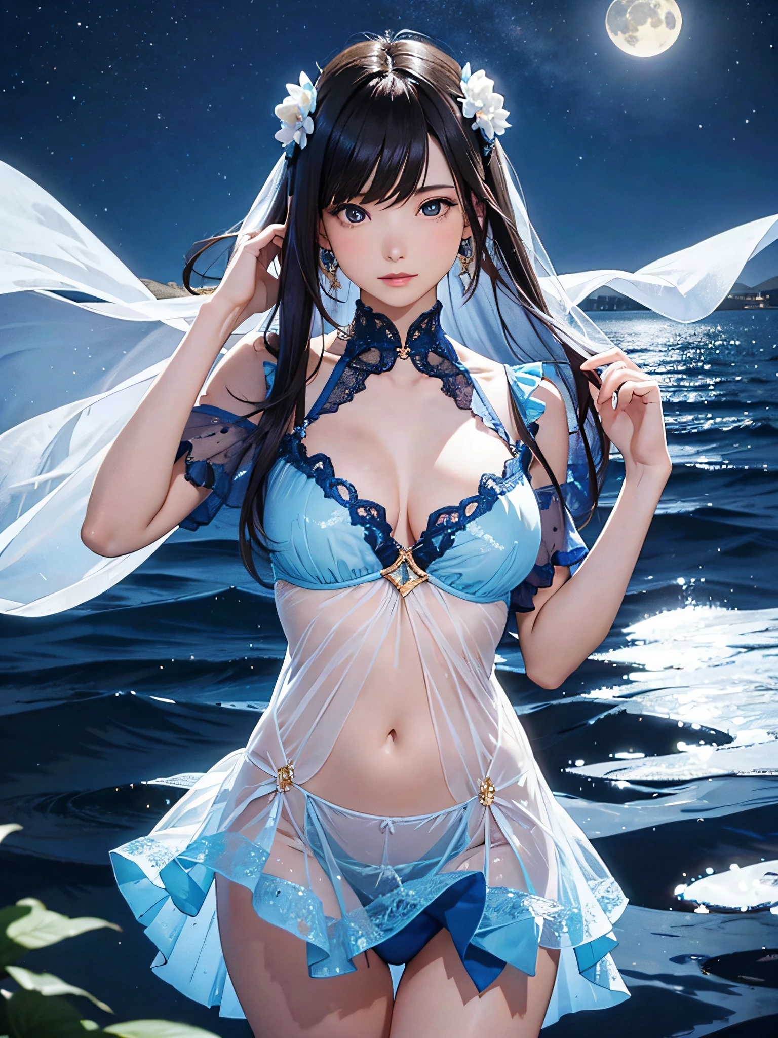 master piece, best qualtiy, (Lifelike,Photorealsitic:1.37), 8K, extremely delicate and beautiful, astonishing, finely detail, officlal art, absurderes, Incredibly ridiculous, hugefilesize, Hyper-detailing, ighly detailed, ((midnight)), moon light,
Beautiful detailed girl,1girl on the sea, stand on the water, elegant dance,
(Perfect female body), upper body, middle size breasts, long thick hair waving in the wind, long thick blue See-through dress waving in the wind,