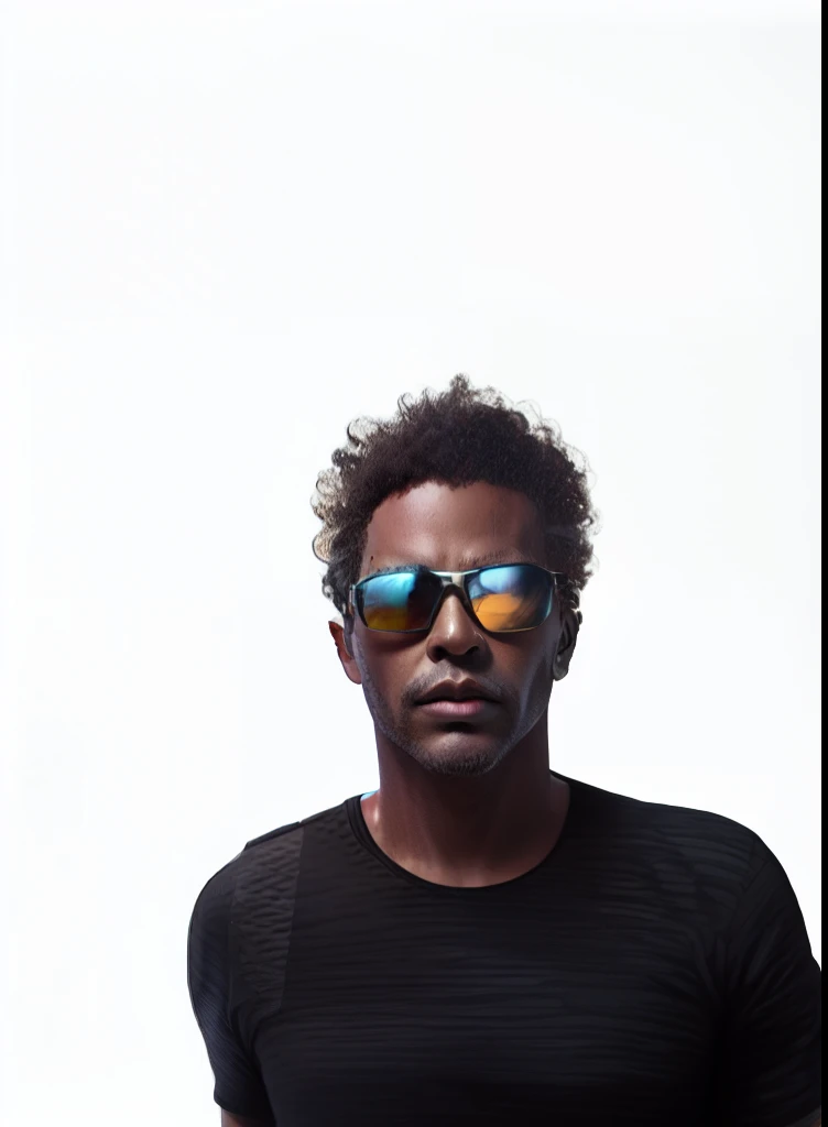 Futuristic city, mixed race 40 year old wearing sunglasses.
