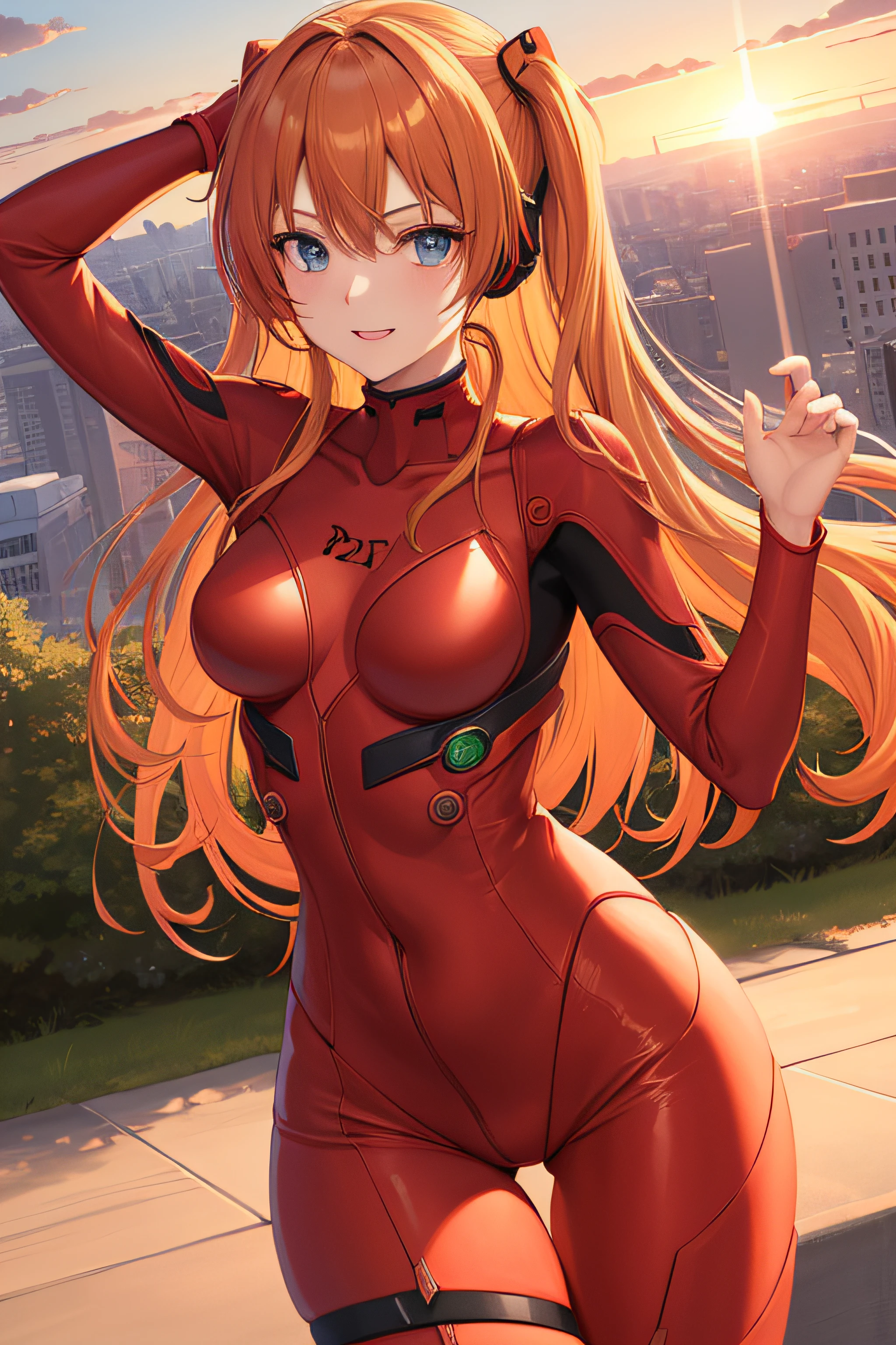 (masutepiece, Best Quality, Detailed), 1girl in, Solo, Souryu Asuka Langley, Interface headset,Red plug suit,evangerion,hair between eye,Blue eyes,turtle neck,Asuka from Evangelion,,evangerion,A smile,the setting sun