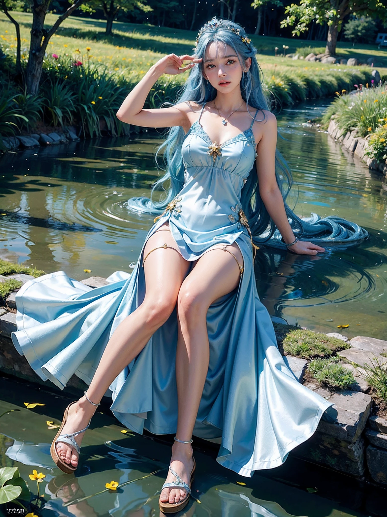 hatsune Miku、(ultra Realistic), (An illustration), (Highres), (8K), (highlydetailed), (the best illustration), (Beautiful Detailed Eyes), (beste Quality), (Super Detailed), (Master peace), (Wallpapers), (Detailed Face), solo, 1girl, Aristocratic dresses、White hair, Iris heterochromatic eyes, small moles under eye, medium chest, Long legs,Stunning composition,Foot braids,Beautiful and detailed legs