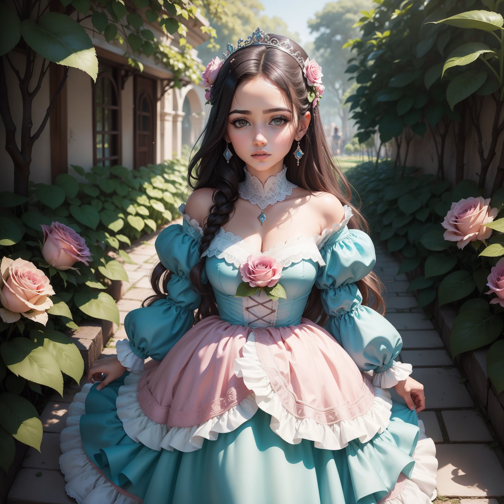 A princesa e os gansos, 1 Girl, plano de fundo jardim de rosas, rosas, alta qualidade, super detalhado, pintura realista.