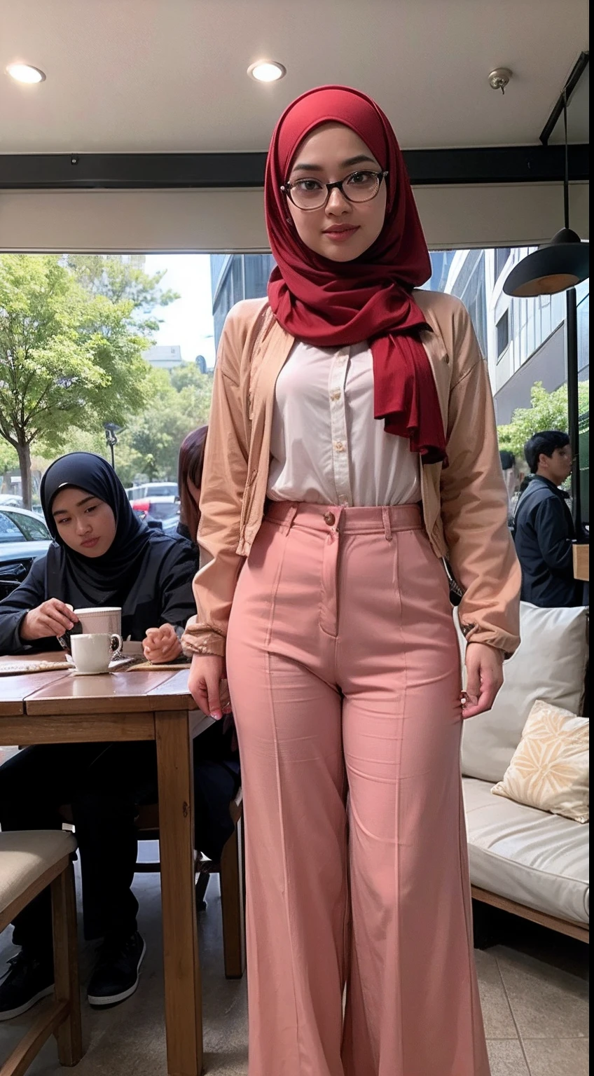 A photo of a young, nerdy malay woman in hijab sitting in a cafe with 1 malay men in summer outfit standing behind, malay woman wearing a tunics and slack pants with casual jacket, surrounded by a cozy atmosphere, looking at the viewer.
Hijab, slender, red lips, flirting with the camera