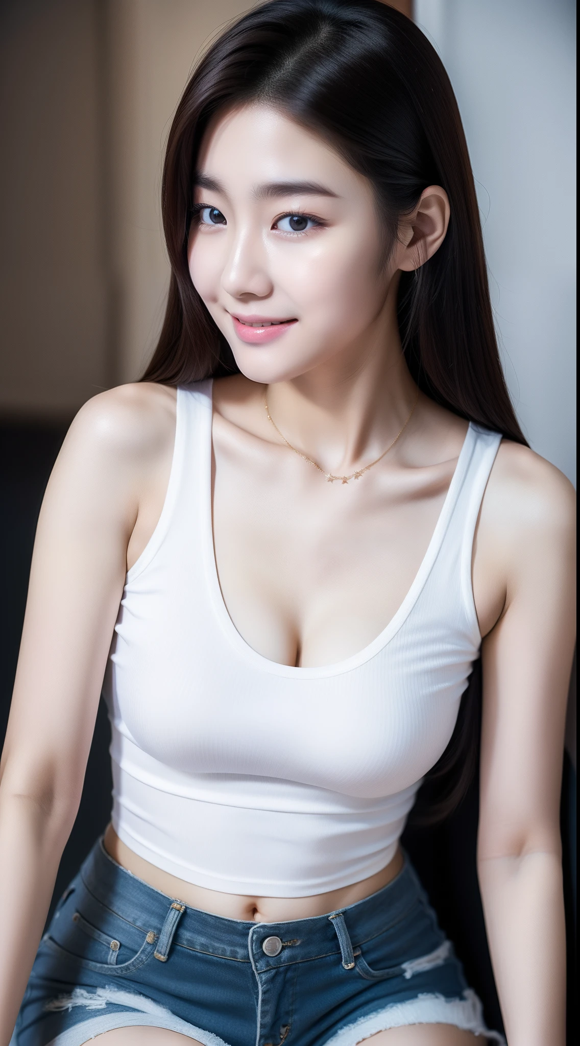 1 Realistic Pictures of Cute Korean Stars, Short ponytail, White skin, Thin makeup, 32 inch breast size, wearing sports bra, In the exercise room, Upper body portrait, nffsw