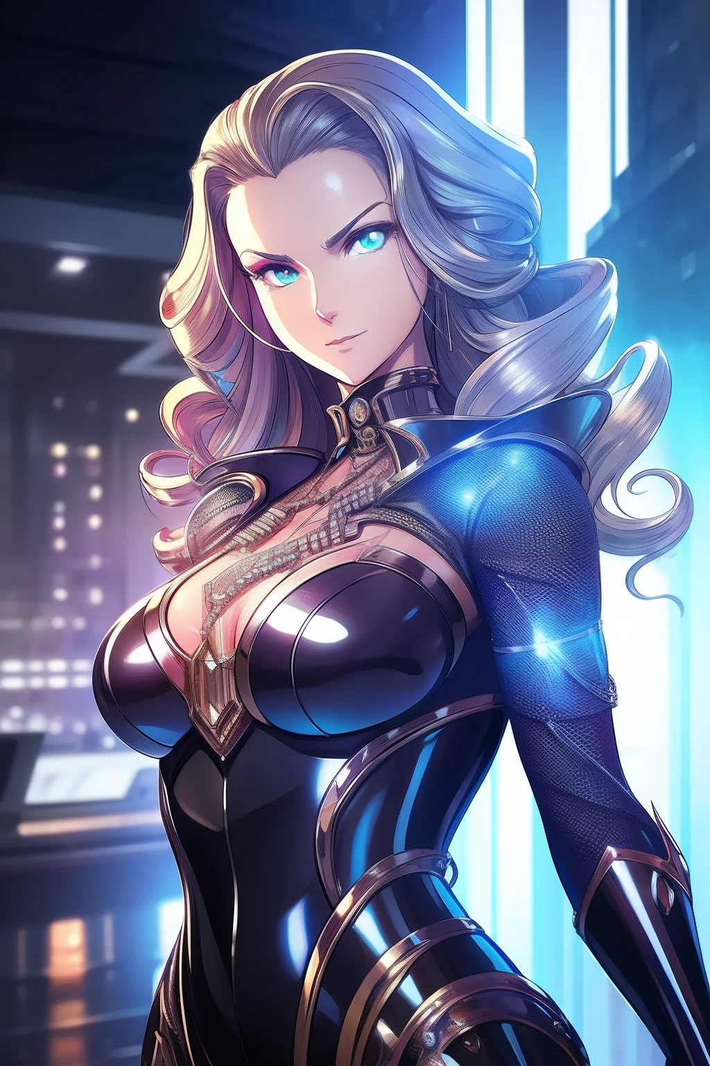 Futuristic portrait of American businesswoman with drill bit, Regal rings, Corkscrew curls, Sci-fi, techwear outfits, Glowing lights, Looking directly at, symetry, Depth of field, Intricate, elegant, Highly detailed, Digital painting, art stations, concept-art, smooth, Sharp focus, illustration, art of greg rutkowski, and Boris Vallejo