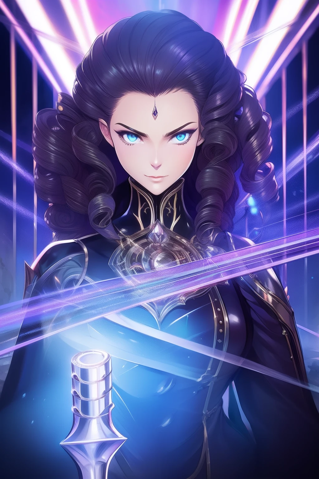 Futuristic portrait of American businesswoman with drill bit, Regal rings, Corkscrew curls, Sci-fi, techwear outfits, Glowing lights, Looking directly at, symetry, Depth of field, Intricate, elegant, Highly detailed, Digital painting, art  stations, concept-art, smooth, Sharp focus, illustration, art of greg rutkowski, and Boris Vallejo