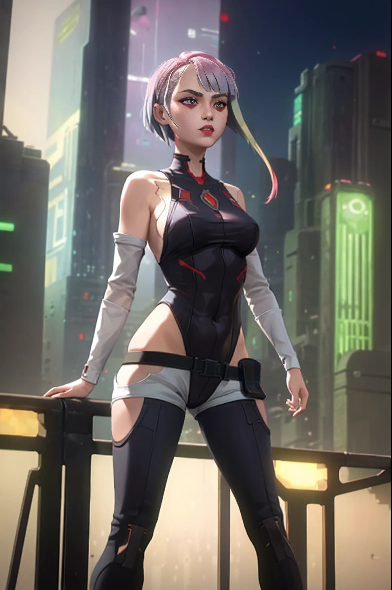masterpiece, best quality, highres, arcane style, lu1, cyborg, multicolored hair, makeup, bare shoulders, black leotard, highleg leotard, (thong:1.1), white jacket, open jacket, belt, shorts, cowboy shot, cyberpunk, standing,