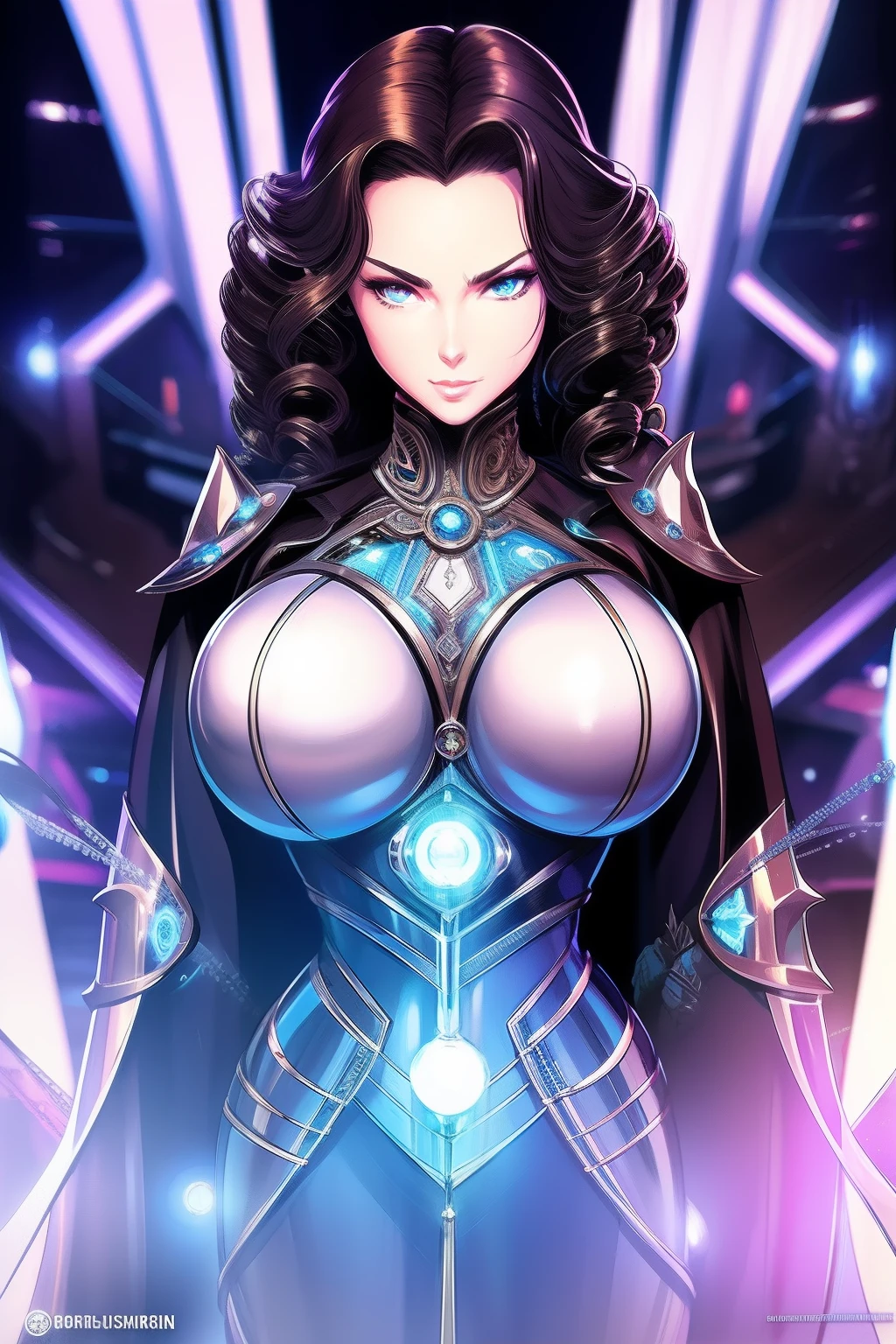 Futuristic portrait of American businesswoman with drill bit, Regal rings, Corkscrew curls, Sci-fi, techwear outfits, Glowing lights, Looking directly at, symetry, Depth of field, Intricate, elegant, Highly detailed, Digital painting, art stations, concept-art, smooth, Sharp focus, illustration, art of greg rutkowski, and Boris Vallejo