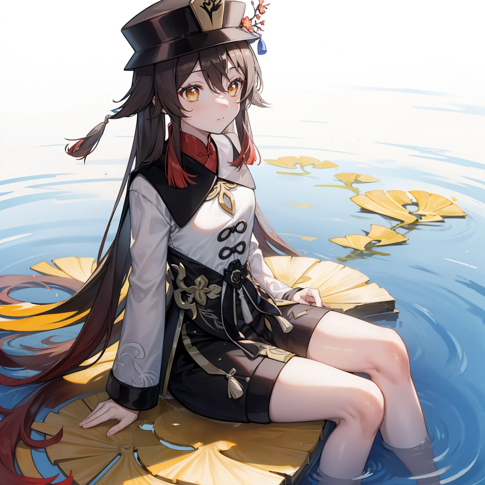 yellow Chinese ginkgo biloba leaves pattern white background, Hu tao from genshin impact, casual outfit, facing sideway, sitting, circle in the middle, long hair, water reflection,