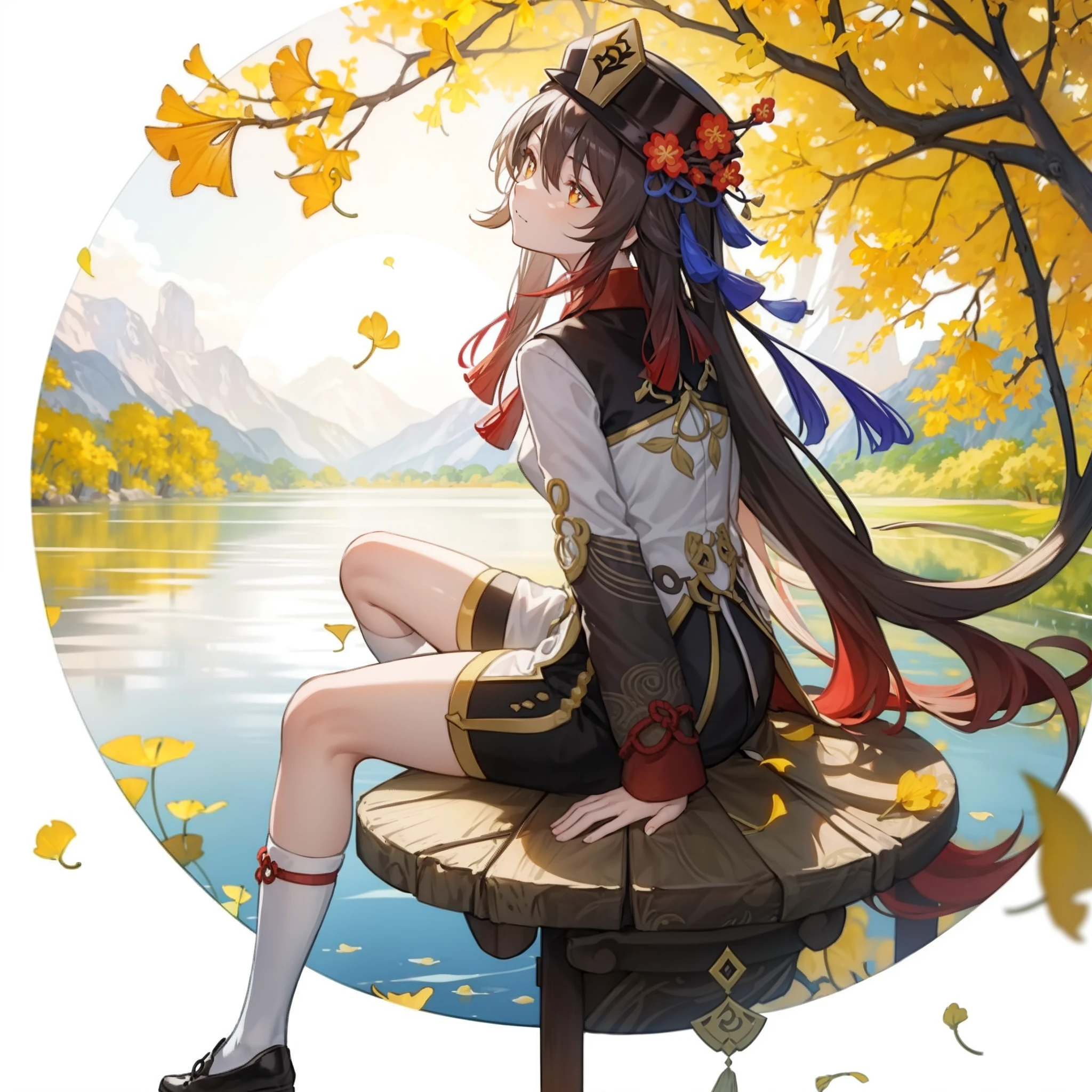 yellow Chinese ginkgo biloba leaves pattern white background, Hu tao from genshin impact, casual outfit, facing sideway, sitting, circle in the middle, long hair, water reflection,