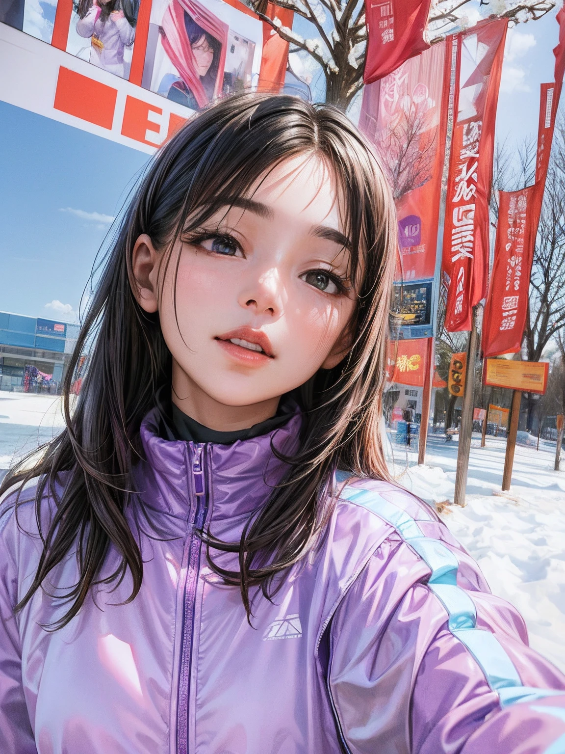 arafed woman in a purple jacket standing in front of a tree, 8k selfie photograph, wearing track and field suit, shot on nikon z9, mai anh tran, dang my linh, inspired by Ruth Jên, low quality photo, inspired by Kim Jeong-hui, selfie of a young woman, wearing a track suit