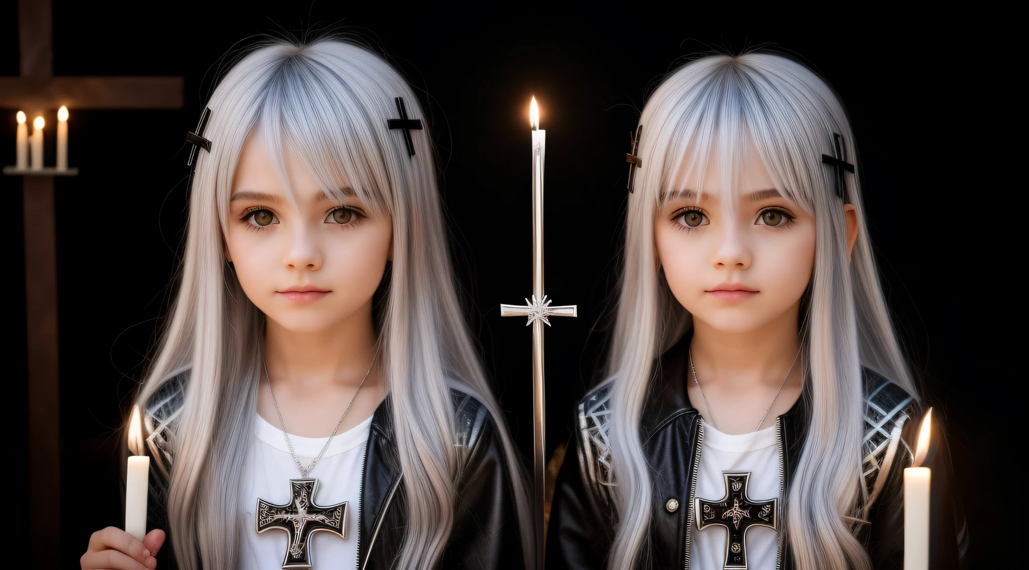 SILVER HAIR KIDS CABELO LONGO, Gothic cross, cruz, CROSSES WITH LIT CANDLES in hand.