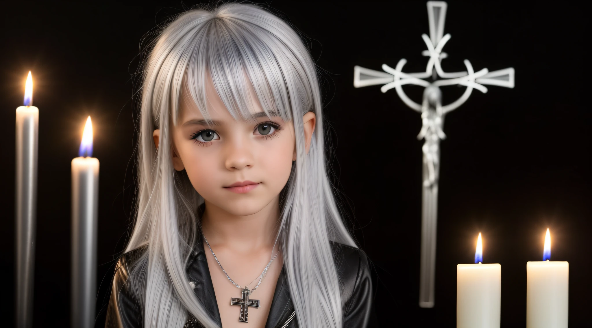 SILVER HAIR KIDS CABELO LONGO, Gothic cross, cruz, CROSSES WITH LIT CANDLES in hand.