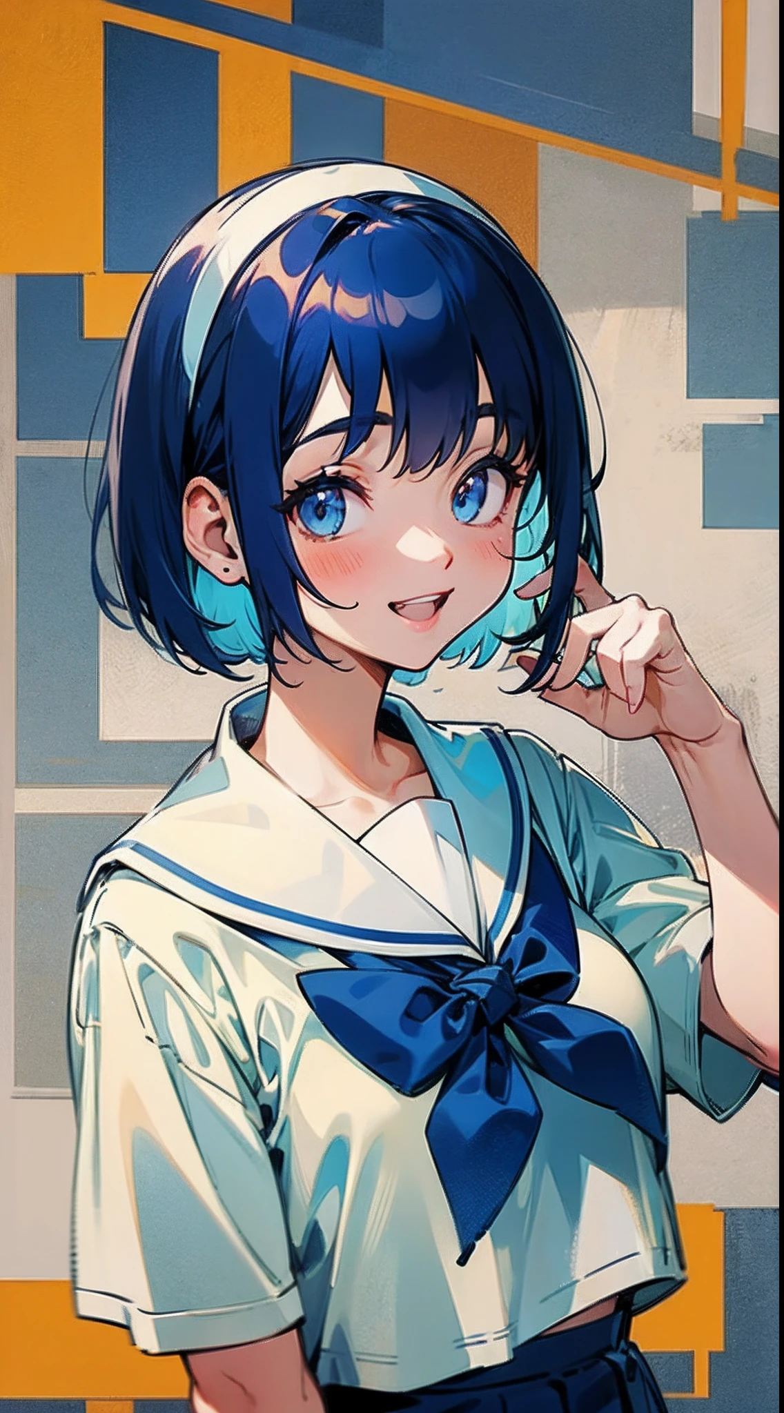 Dark blue hair、bob cuts、white hairband、Show your teeth and smile、White sailor suit、Short sleeve uniform、symple background、high-level image quality