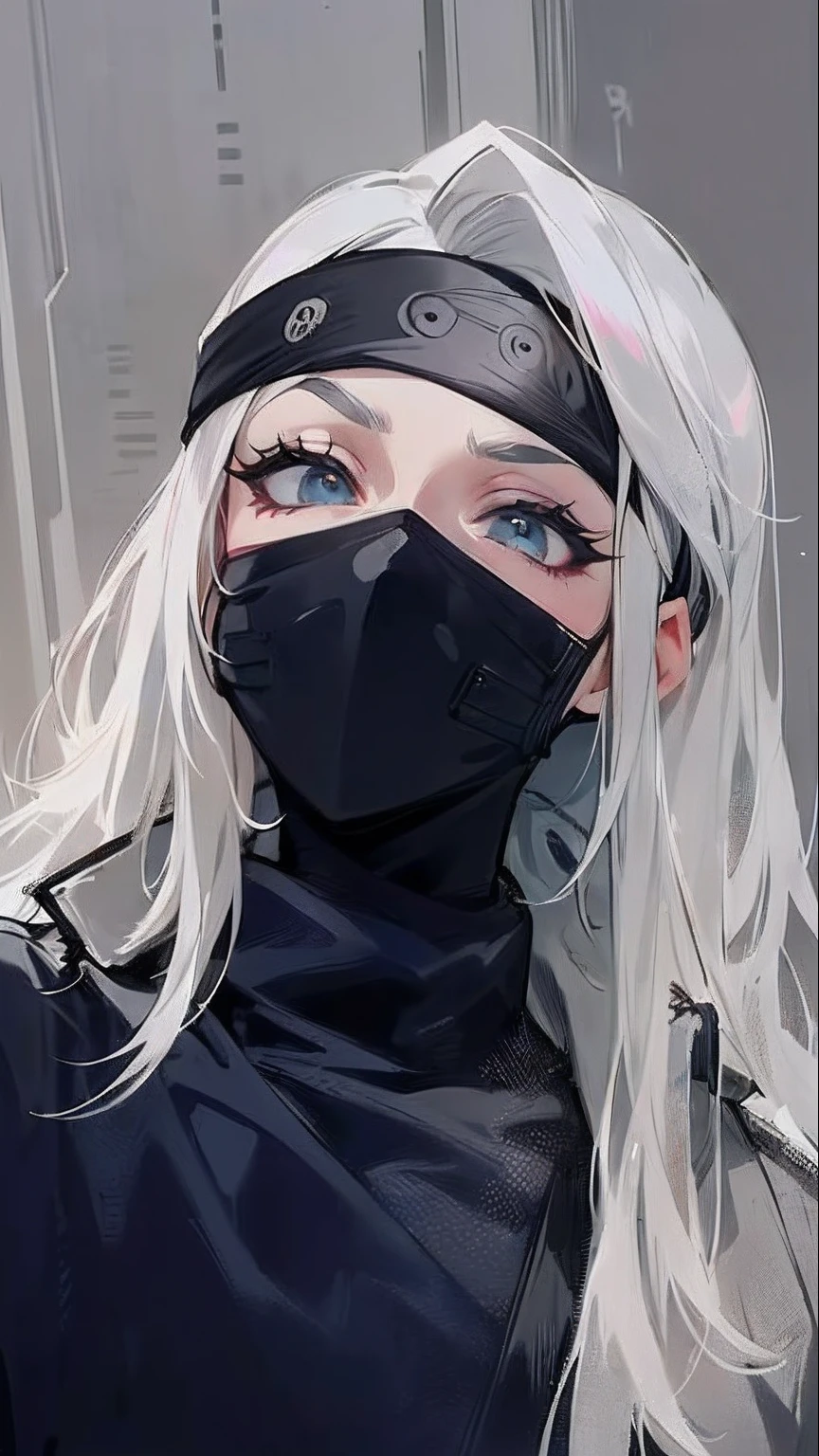 blond woman with black mask and black leather headband, anime vibes, wearing all black mempo mask, kakashi, kakashi hatake, girl cosplay kakashi, anime inspired, ava max, perfect white haired girl, jessica nigri face!!, muted cyberpunk style, nier inspired, very aesthetic!!!!!!, cyborg - girl with silver hair, her hair is silver, cyberpunk look, 8 0 s anime vibe, anime style