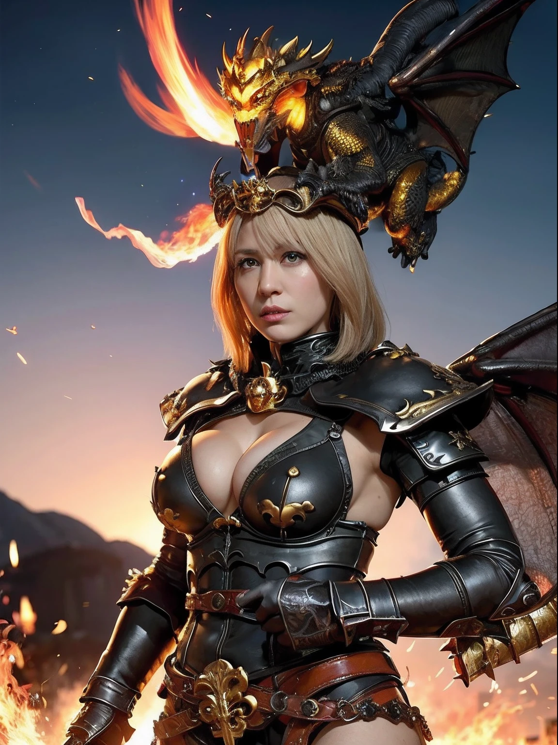 Professional , masterpiece、top-quality、photos realistic , depth of fields 、(Dragon Black Metal Body:1.9),(Mattretto、(cleavage of the breast)、Dragon Gold Weapon、(Micro Bikini Armor:1.4),Gorgeous gold weapons ,Particles of light、Particles of light、(( Dragon's dense and gorgeous sword)) , (demonic wings)、((a blond))、(Castle background)、Fight dragons、((Gangle's forest background))、Take intense poses、Beautiful Caucasian beauty、1a person、dynamic ungle,(((Detailed and ornate dragon helmet)))、Smaller head、A smile、Castle background、Thin and beautiful female hands、cleavage of the breast、Soldier in iron armor on background、Mystical expression、Light Effects、intense fighting、Wind-effect、magic circles、With the legendary magic wand、Dragon's tail、explosions、