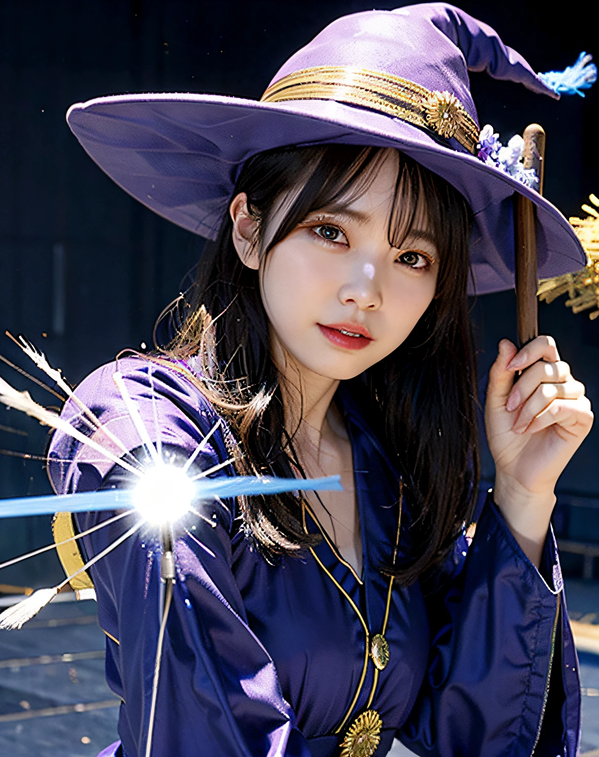 sorcerer、Skysky、Straddling a flying broom、are flying、Background with：blue-sky、Purple clothes、Witch Hat、