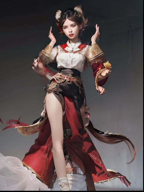 best quality, masterpiece, (photorealistic:1.4),girl,shirt with collars, waist up, dramatic lighting, from below , handsome, sixpack, charming, cute, white skin, realistic, ultra detail, perfect face, perfect eyes,fire magic, traditional Thai dress,red tiger ear ,5 red tiger tail, white short hair,red eyes,