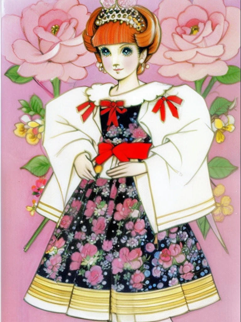 downy，1980 anime，Retro anime，Rumiko Takahashi，gentleness，Brush strokes，Pink skirt，Puff sleeve skirt，Gorgeous dress，A princess，brown  hair，gentle expressions，full bodyesbian，Flowers，simplebackground