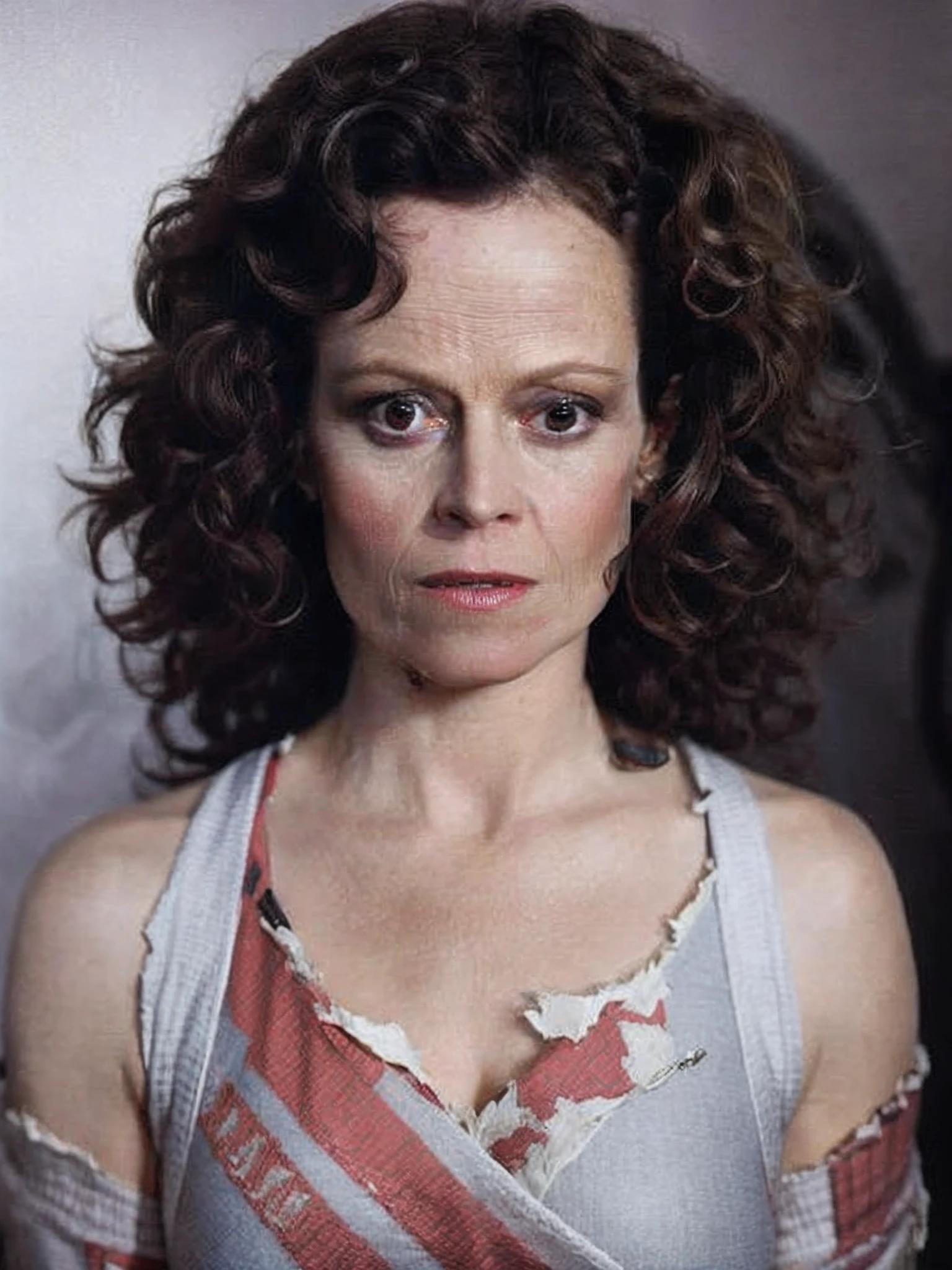 a woman with very large breasts and very large breasts, Sigourney Weaver, Ellen Ripley, Helen McCrory, Ripley, highly realistic photo, hyper realisitc, mixed with 2D, Hyper-realistic filmStill from the film, Hyper-realistic mixed media, frightened look, ultra realistis!!!, Promo Still, hyperrealism photography, In the series "Westworld", Hyperrealistic photo, beautifully disturbing