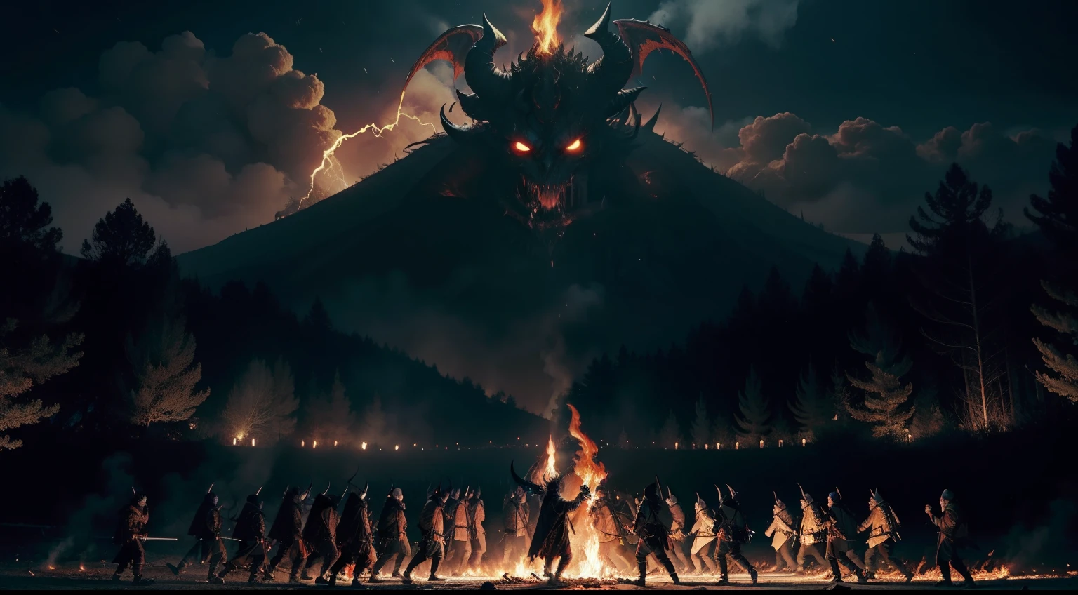 Satanic ritual in forest, hooded people in circle, around monster, demon in the middle, hazy background, realistic epic, rutkowski, hdr, intricate details, hyperdetailed, cinematic, rim light, muted colors: 1.2, dark fantasy, dark sky, with dark mountains in the background, dark atmosphere, fear, horror, torches of fire, red, dark forest, night, scary, darkness