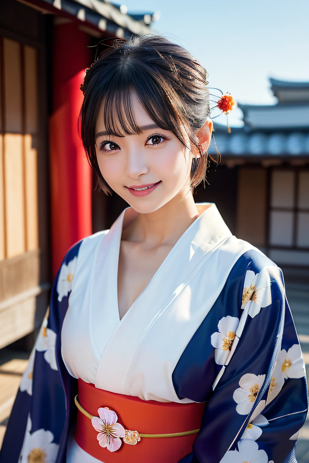 (8K、Raw photography、top-quality、masterpiece:1.2)、(reallistic、Photorealsitic:1.37)、The ultra -The high-definition、1 girl in、cute little、独奏、natta、Sitting、date、(Nasal redness)、(A smile:1.1)、(Closed)、Colossal tits、beautidful eyes、(short-hair:1.2)、(((Fireworks in the sky、natta)))、(((Kimono、Yukata)))、cleavage on the chest、perfect bodies、Perfect fingers、profetional lighting、goddess of Japan、gravure、Detailed face and skin texture、A detailed eye、Raw photo