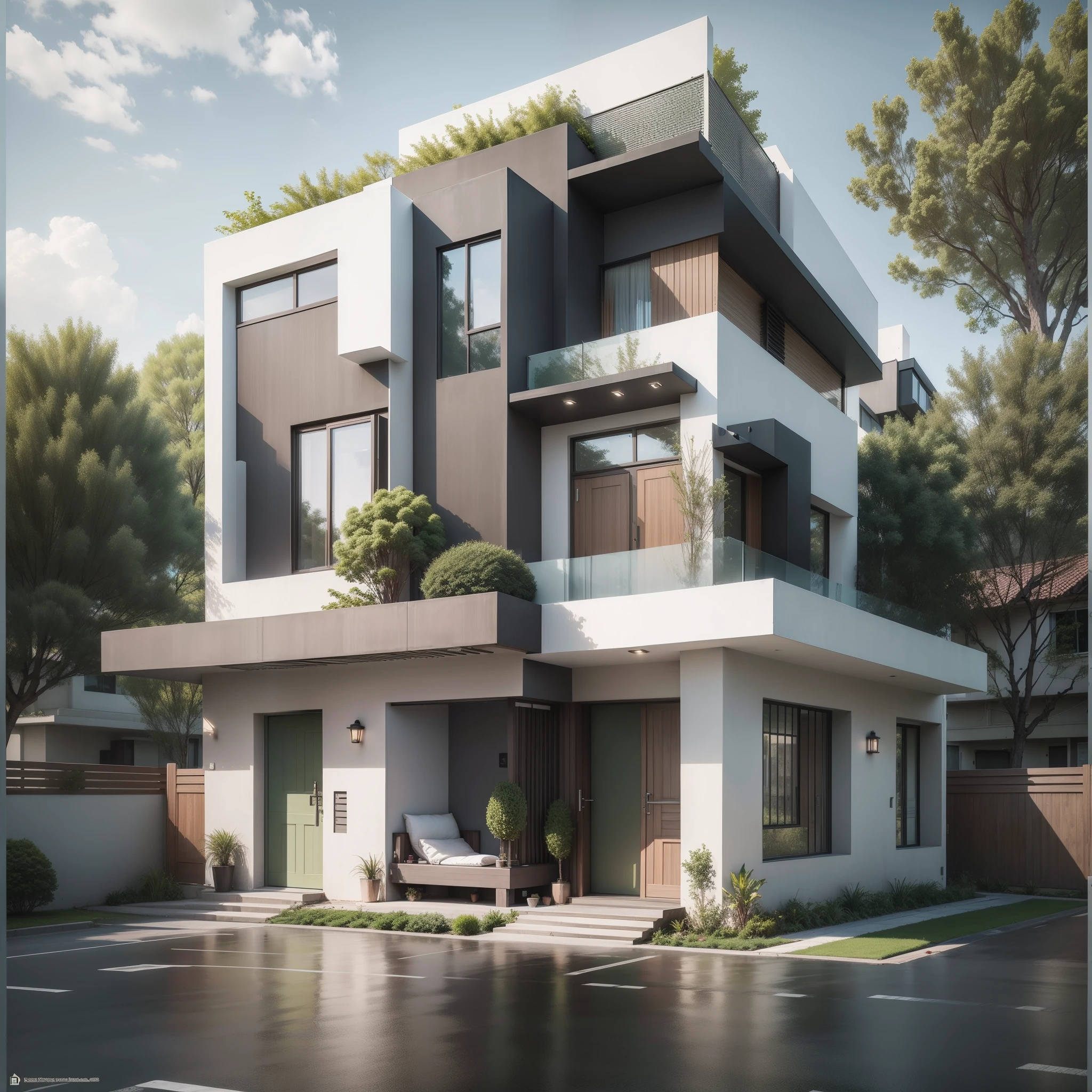 Duplex house design in Indian context, low work of glass, UPVC door and window, car parking, headroom, modern look, off white and green colur of exterior, less tree