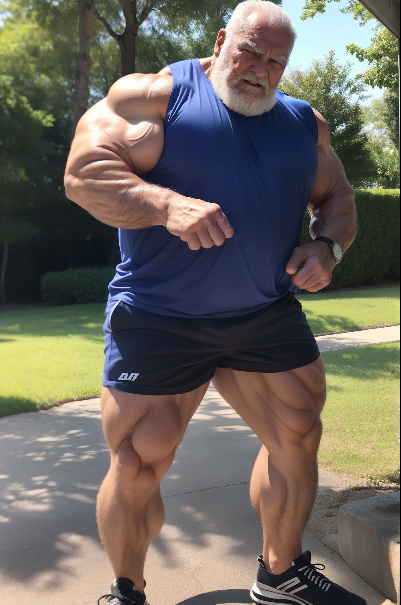 A bald, middle-aged black male bodybuilder poses wearing only a small red pantyhose.。looking at the whole body from the front。The left arm is bent to emphasize the biceps.、The right arm is also bent so that the right hand touches the waist.。The back is large and the body is shaped like an inverted triangle.。The chest is also trained、It is the size of an iron ball。The lower limbs stand slightly apart.、The thighs are also strong and strong like logs.。Although the man's appearance is strong with slightly thick eyebrows,、She is smiling a little and gives the impression that she is kind.。The side part of the red bill pants that she is wearing is thin like a string.、Her crotch is swollen by the big cock, but her red panties somehow hide it.。Every part of your body is trained。