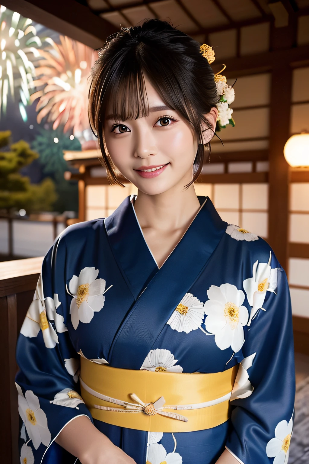 Highest quality, (beautiful)、yukata、night店、night、Fireworks、festival、Slightly larger breasts