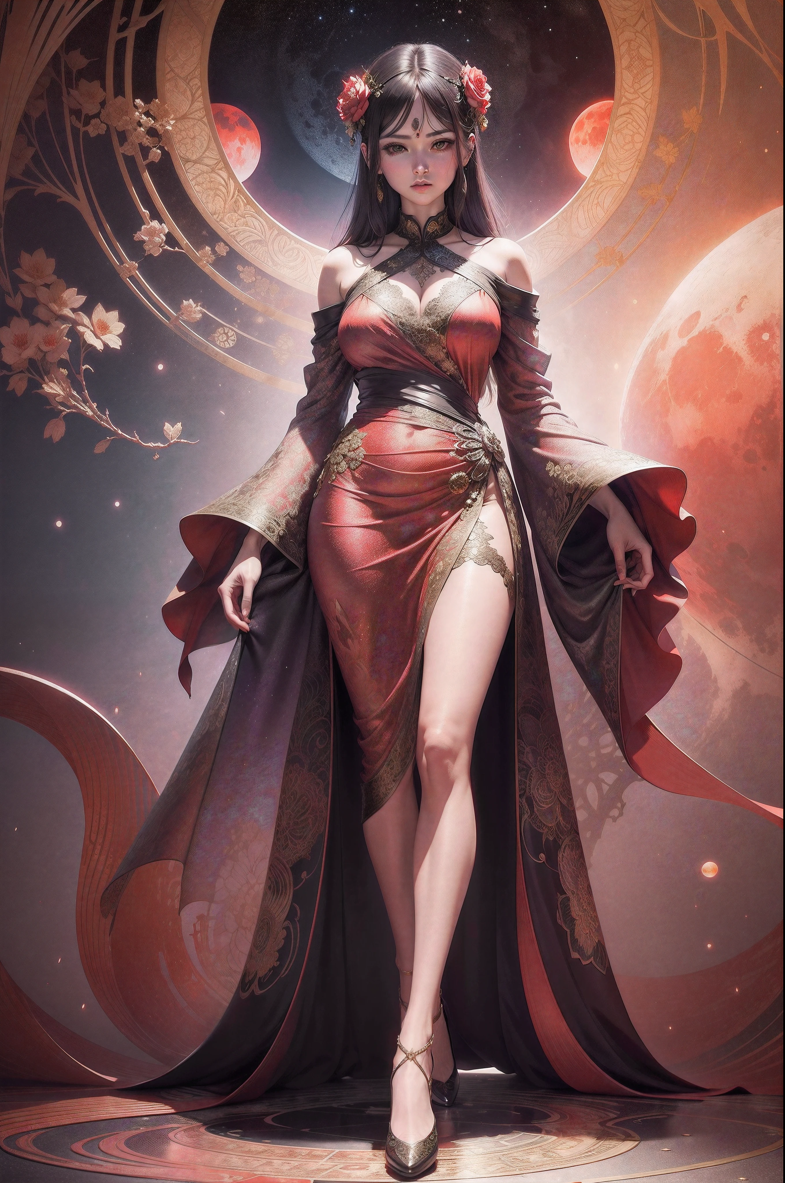 ceramic tile art ,Look Into The red moon,radium,summer dress(In Silk Iridescent Texture ) , Intricate, Highly Detailed ,Best Quality, Hyperdetailed, Ultradefinited Detail, Ultrasharp, bright Colors And Ink Splatter, Golden Foil Detail, Ultrasharp, Art Nouveau( Ultradefinited Detail), blueshift