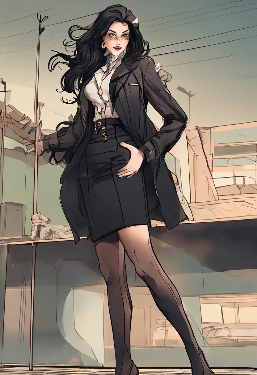 quadratic element,Long black hair drapery,huge tit,Big breasts Thin waist,Peach buttocks,Black heels,randome pose,black pantyhoses,Skirt that wraps hips,Glow skin,Leg lines,Plump body,Delicate face