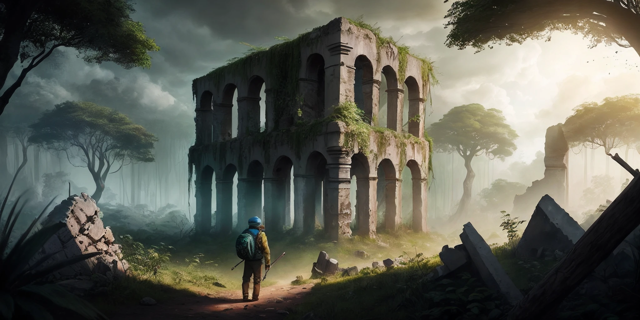 An explorer in the jungle，There are some ruins in the jungle，The atmosphere is tense，mistic，Cinematic，Scale 16:9 , JPG file