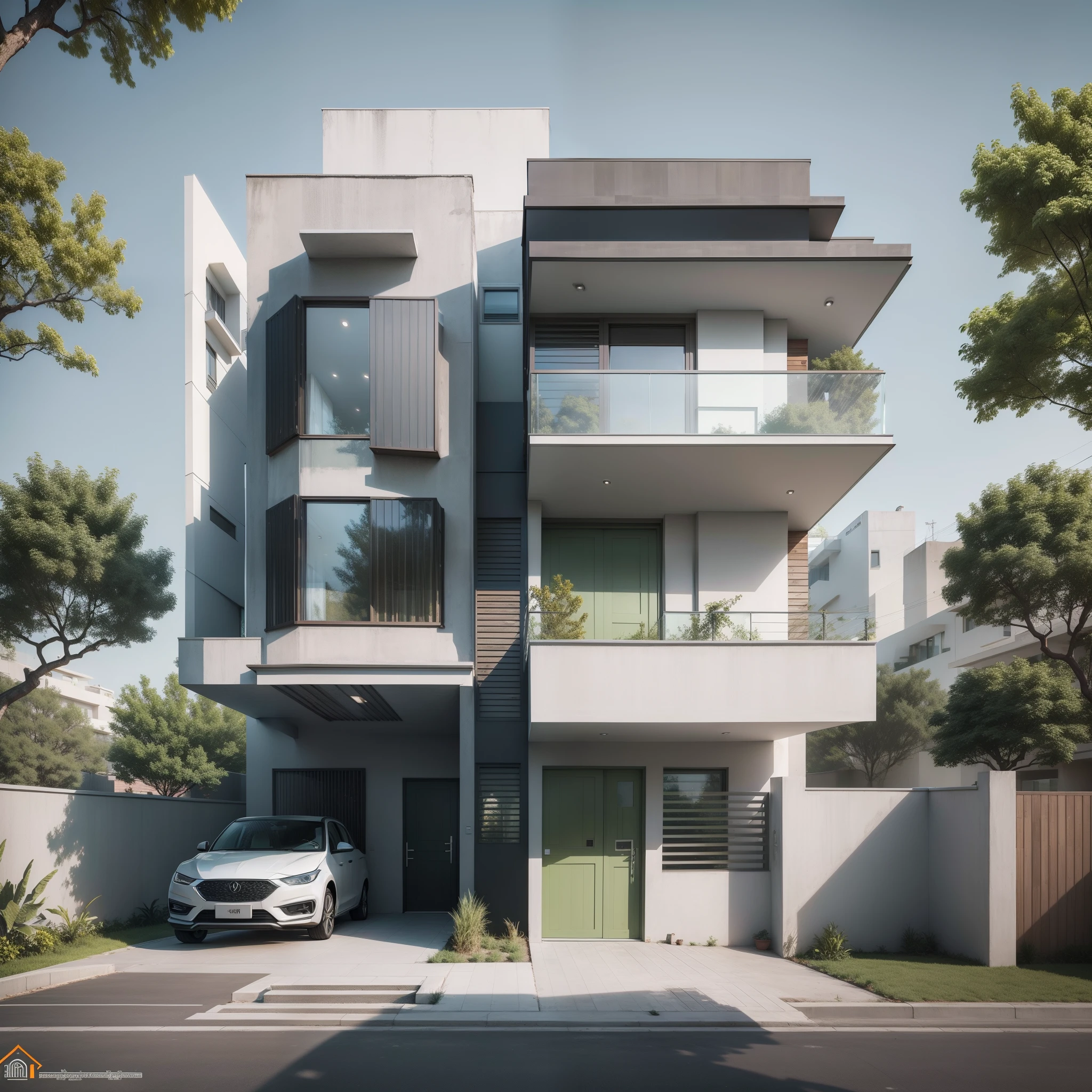 Duplex house design in Indian context, low work of glass, UPVC door and window, car parking, headroom, modern look, off white and green colur of exterior, less tree