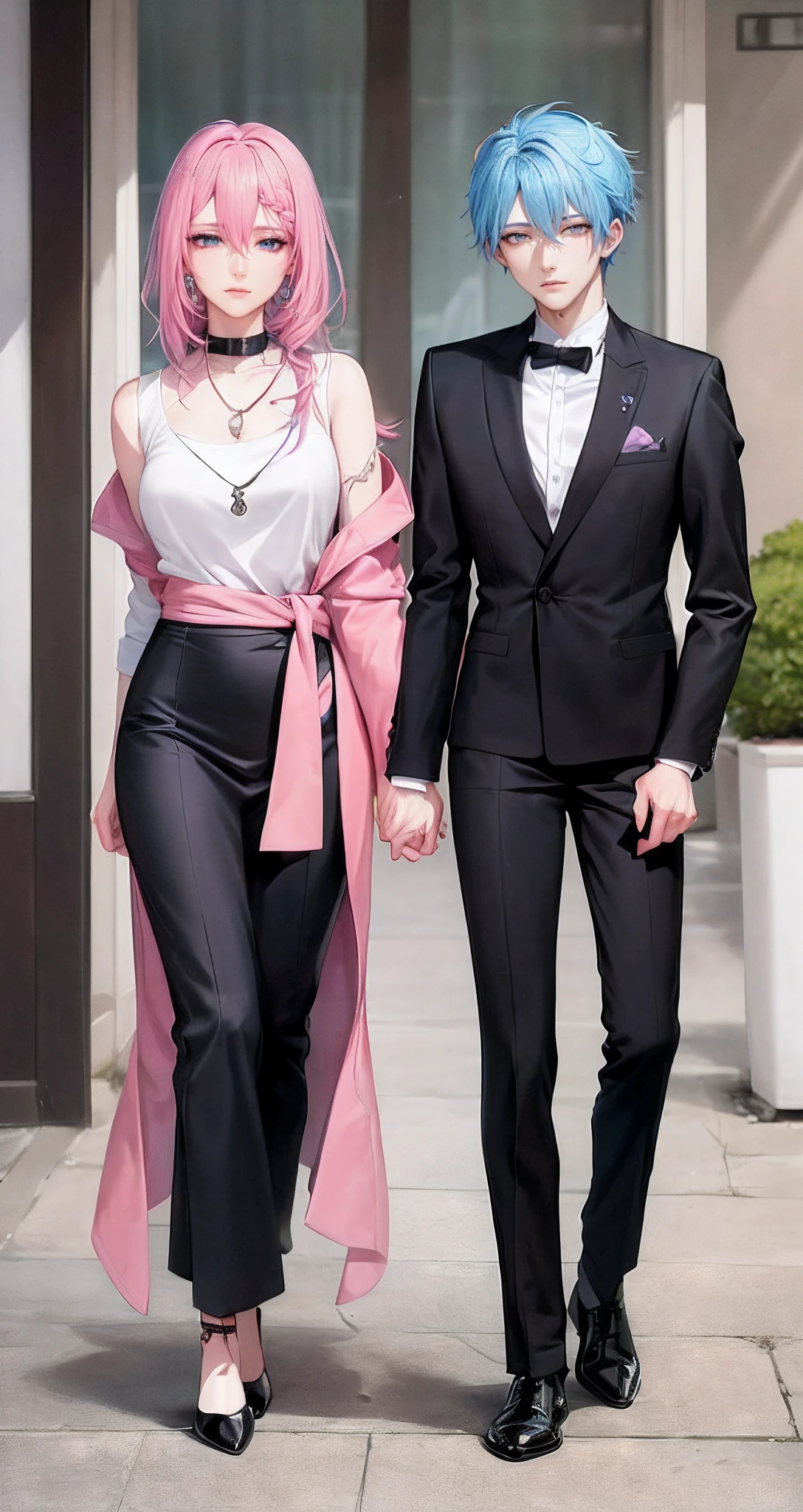 ((Male and female couples)), window, Idol Photos, Photos of actors, Professional Photos, Height difference, tall male, Happiness, youthfulness, extra detailed face, detailed punk hair, very detailed character, inspired by Sim Sa-jeong, Cai Xukun's, detailed realistic faces, highly detailed realistic face, high detailed face anime, realistic detailed face, Accurate detailed face, attractive androgynous humanoid, Cool Korean fashion in black and white, ((With a man with light blue hair)), ((Woman with pink hair)), ((Woman with long hair below waist)), ((Man with short hair over ears)), ((Pink hair woman with gentle expression)), ((Man with light blue hair with wild expression)), high-level image quality, masterpiece, Photographed so that the whole body can be seen, Photographed to make clothes look beautiful, Take your eyes off, ((two individuals)), ((British couple))