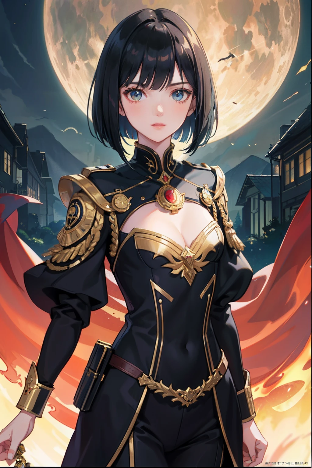 (masuter piece,Best Quality,Ultra-detailed), (A detailed face), Movie Posters, hight resolution, 1girl in, (front-facing view), (cyberpunked), (Lucy), Black hair, (black hair with bangs), (bob cuts), Black and blue two-tone hair, Gold Eye, Villain, black general's uniform, Imperial Uniform, Manteau, The upper part of the body, flat-chest, (Beautiful Detail Eye: 1.1), (Detailed hand), (Detail light: 1.1), red fullmoon, Film Light, Pale skin type, (looking at the viewers), (magazine:1.3), (cover-style:1.3), Textured skin, Super Detail, Tarot Boundary, border, Alfonse Mucha, Dynamic streaks, locus:1.2, Dim color scheme,