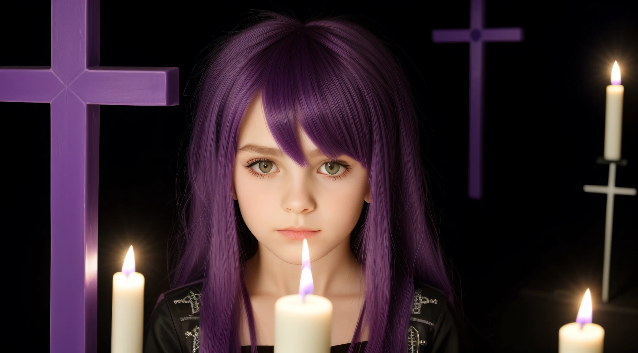 PURPLE HAIR KIDS CABELO LONGO, Gothic cross, cruz, CROSSES WITH LIT CANDLES in hand.