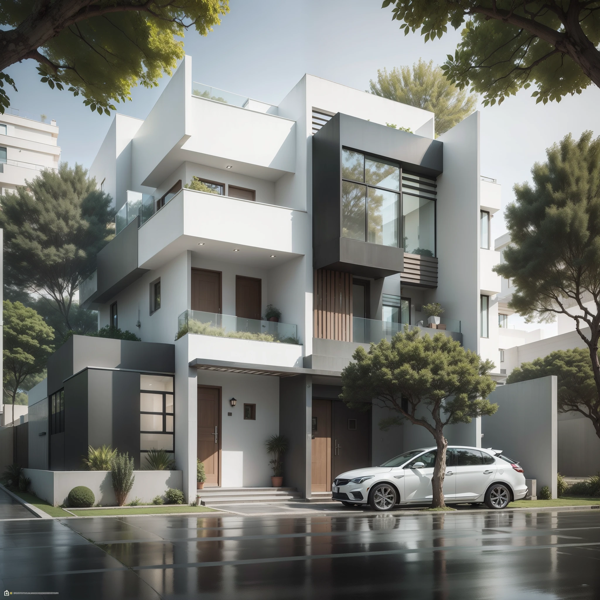 Duplex house design in Indian context, low work of glass, UPVC door and window, car parking, headroom, modern look, off white and green colur of exterior, less tree