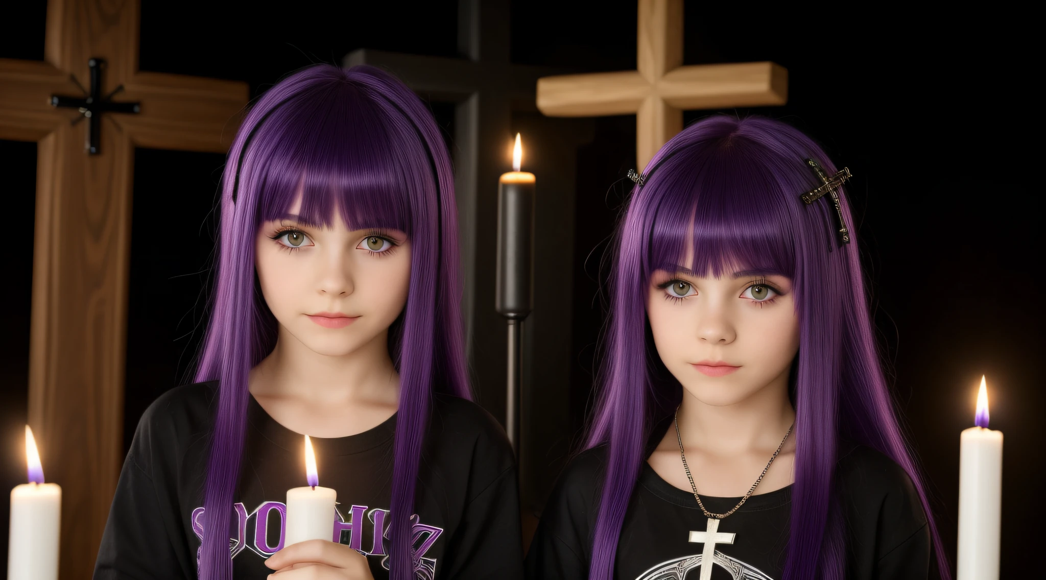 GIRLS CHILDREN, BLONDES WITH VERY LONG STRAIGHT GOTHIC HAIR, PURPLE BACKGROUND., BACKGROUND OF CROSSES. PRAYING.