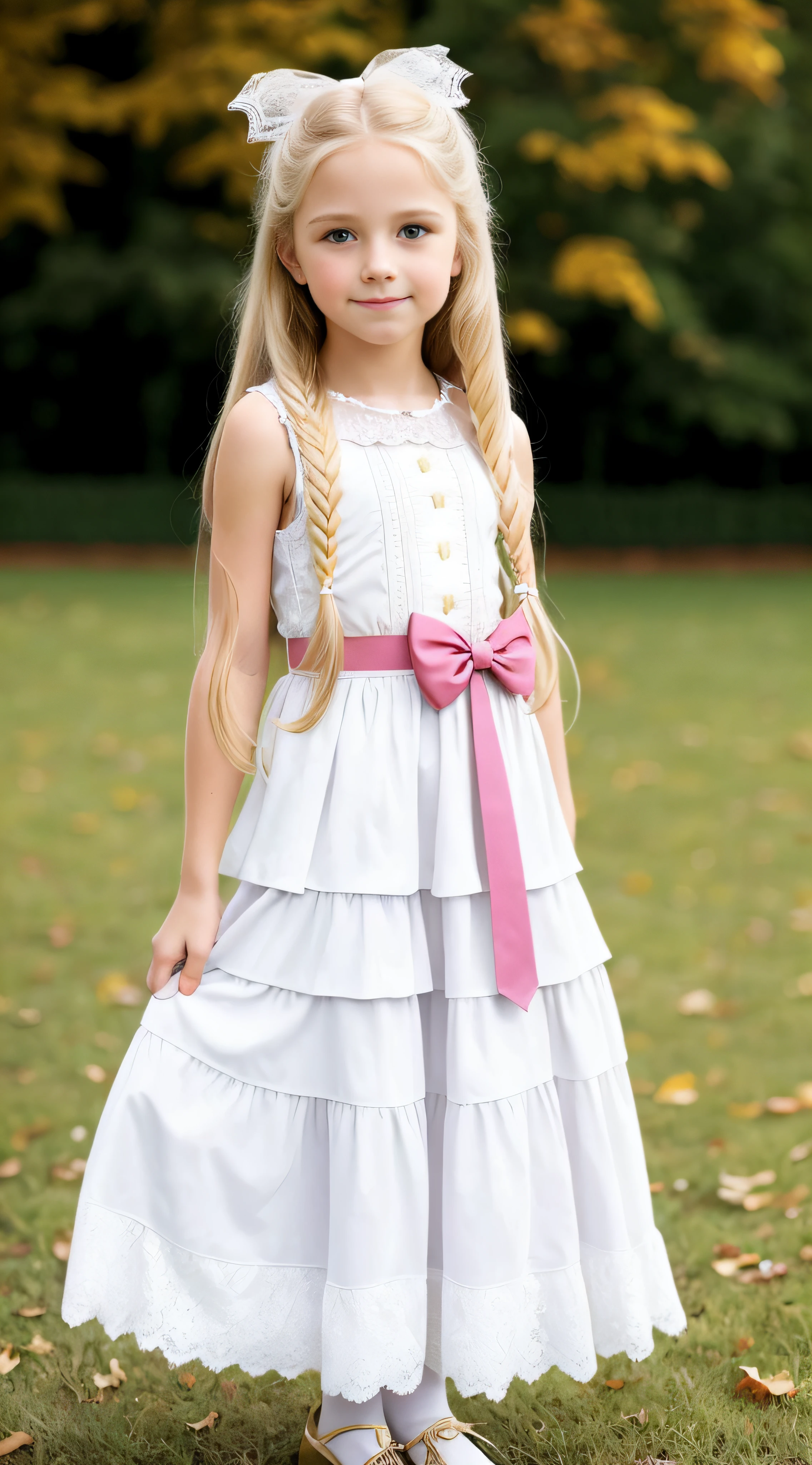 Europeans,  , Portrait , Long blonde hair and bow，Layered skirt，Noble，opulent，cropped shoulders，Lace